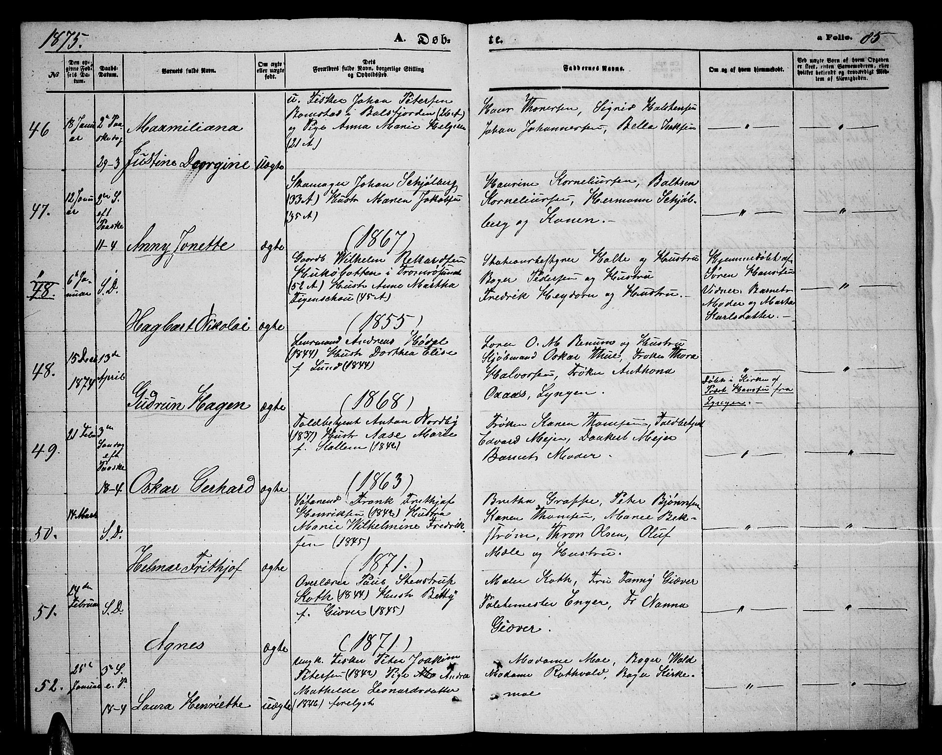 Tromsø sokneprestkontor/stiftsprosti/domprosti, AV/SATØ-S-1343/G/Gb/L0007klokker: Parish register (copy) no. 7, 1867-1875, p. 85