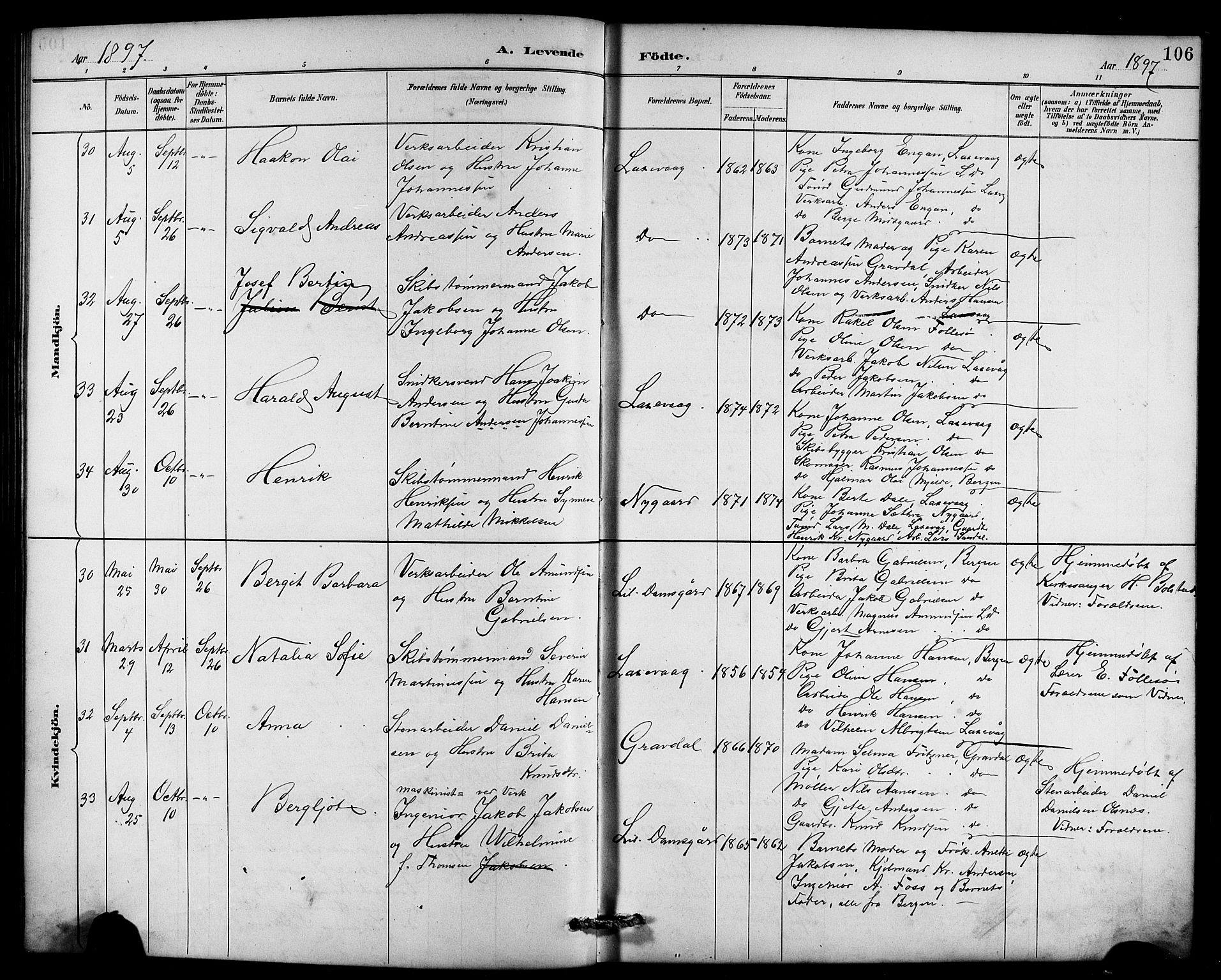 Laksevåg Sokneprestembete, SAB/A-76501/H/Ha/Hab/Haba/L0003: Parish register (copy) no. A 3, 1887-1899, p. 106