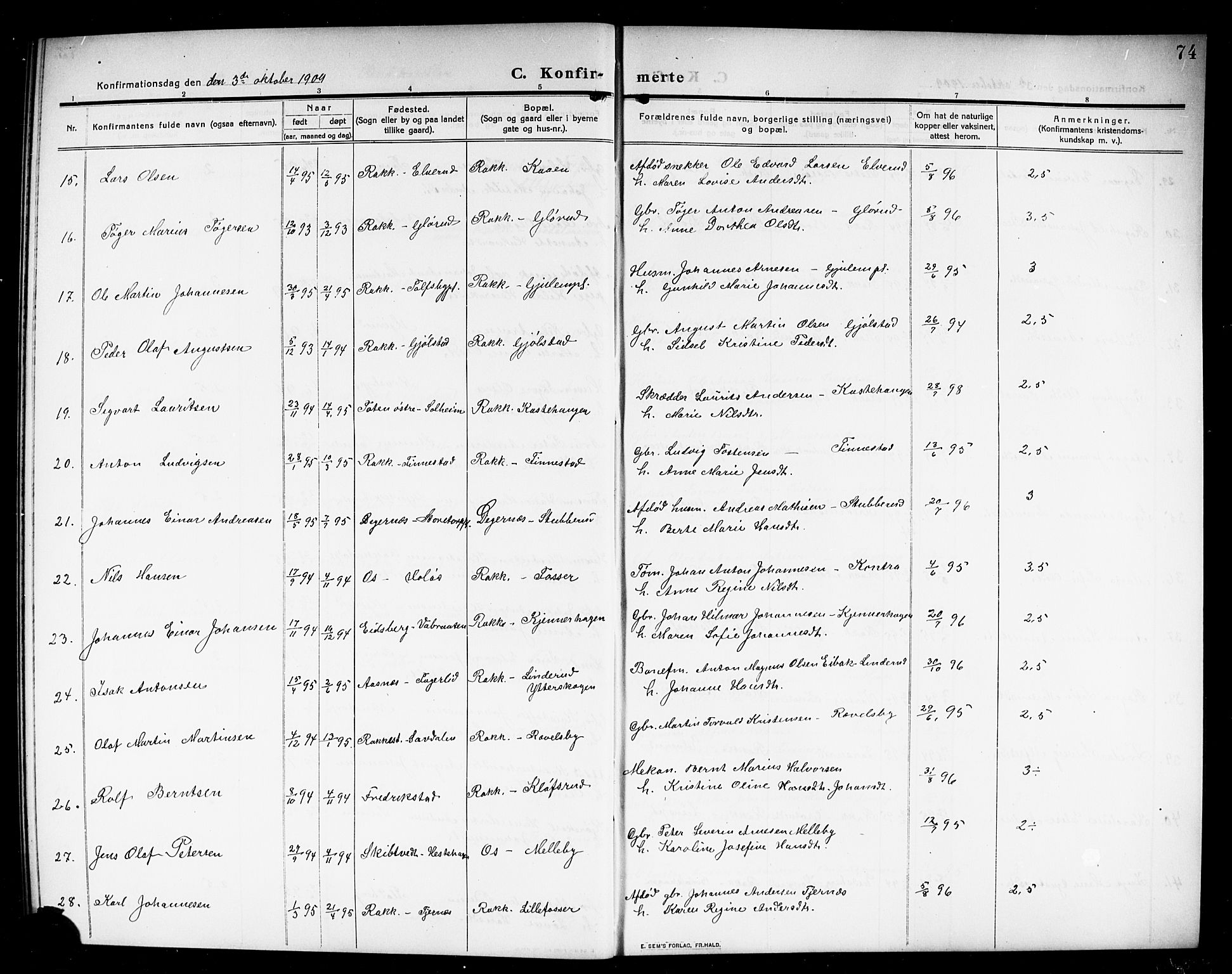 Rakkestad prestekontor Kirkebøker, AV/SAO-A-2008/G/Ga/L0001: Parish register (copy) no. I 1, 1909-1920, p. 74