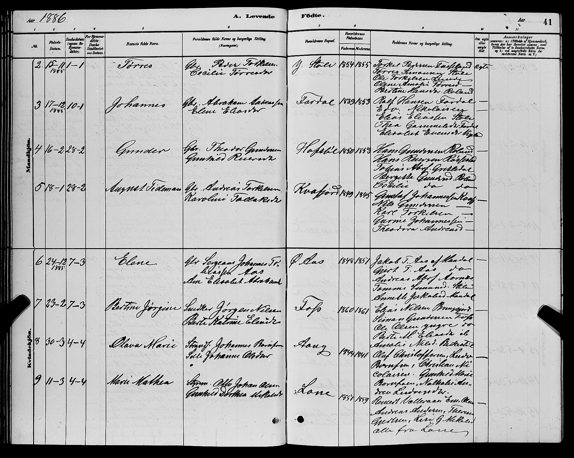 Sør-Audnedal sokneprestkontor, SAK/1111-0039/F/Fb/Fbb/L0005: Parish register (copy) no. B 5, 1880-1892, p. 41