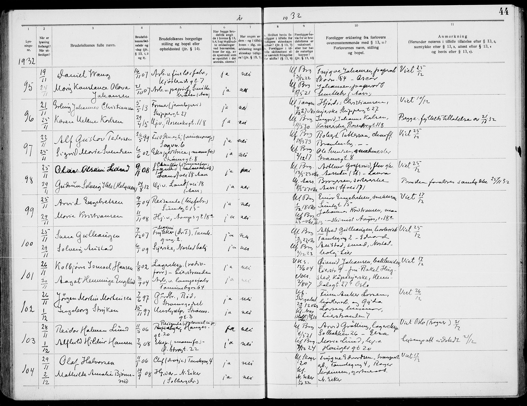 Bragernes kirkebøker, AV/SAKO-A-6/H/Ha/L0013: Banns register no. 13, 1929-1937, p. 44