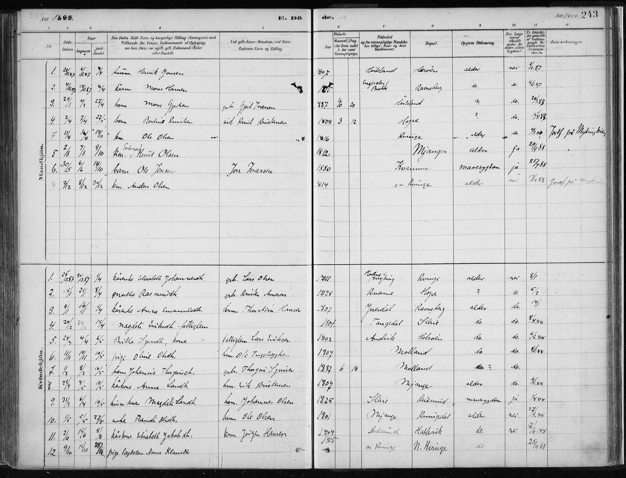 Masfjorden Sokneprestembete, SAB/A-77001: Parish register (official) no. B  1, 1876-1899, p. 243
