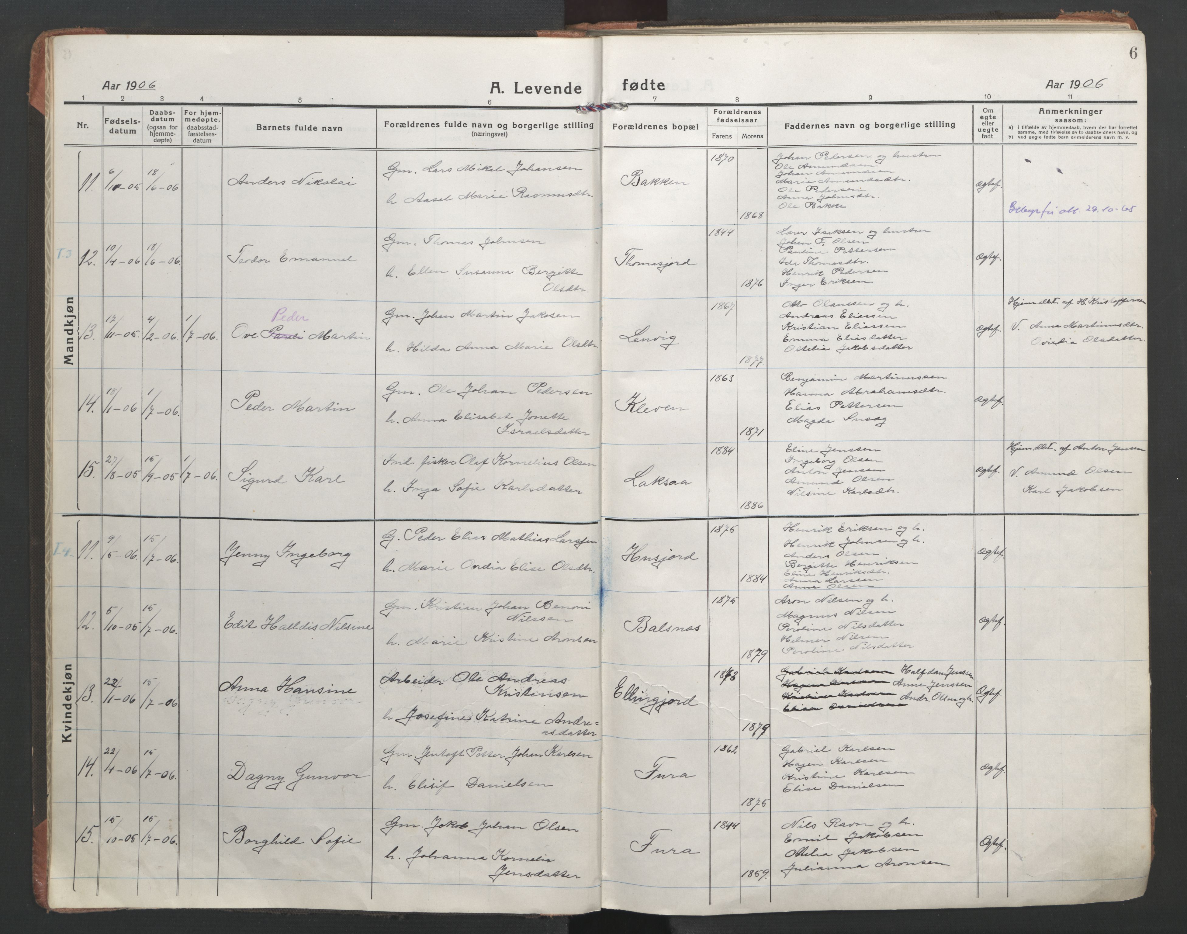 Ministerialprotokoller, klokkerbøker og fødselsregistre - Nordland, AV/SAT-A-1459/863/L0900: Parish register (official) no. 863A12, 1906-1915, p. 6