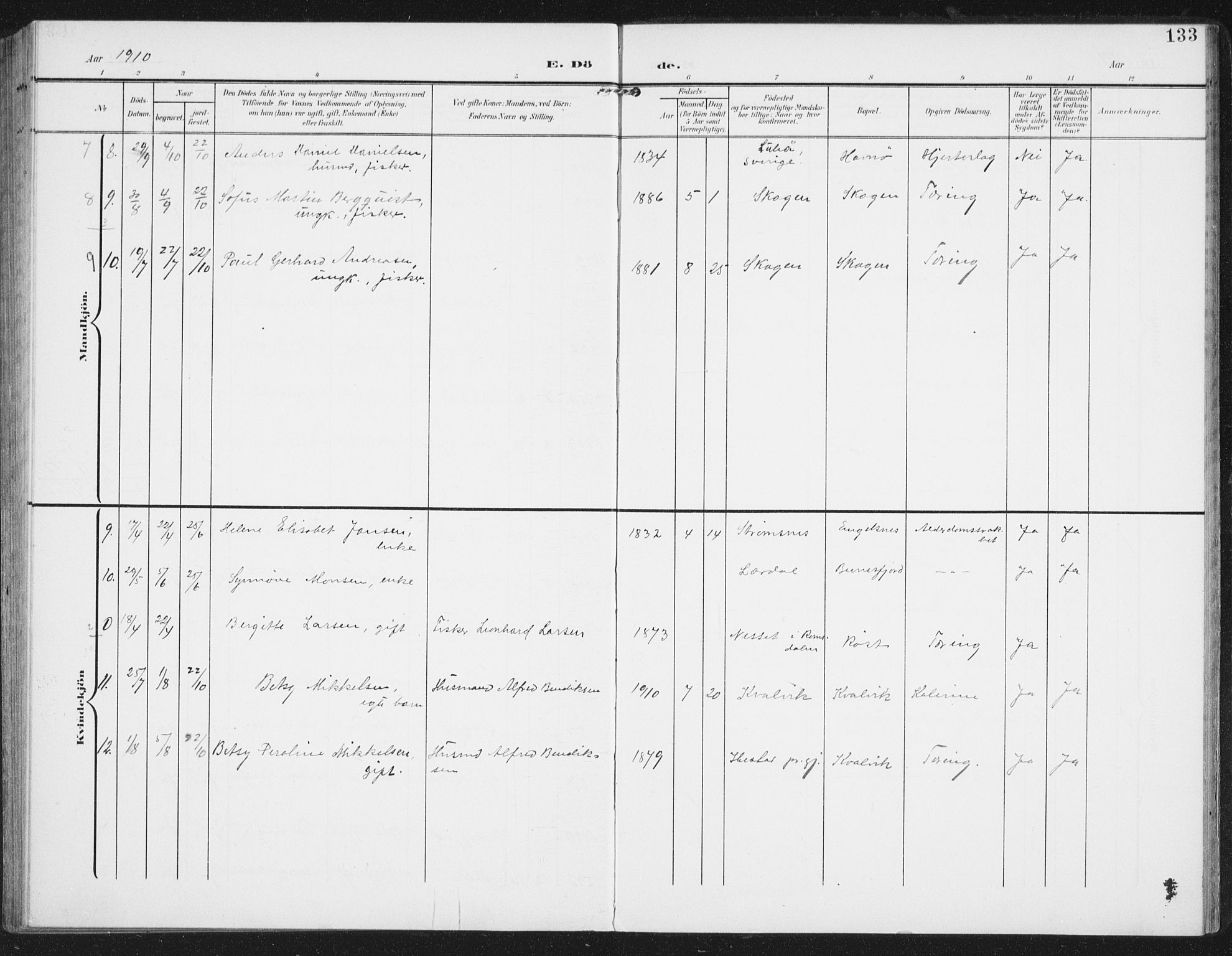 Ministerialprotokoller, klokkerbøker og fødselsregistre - Nordland, SAT/A-1459/886/L1221: Parish register (official) no. 886A03, 1903-1913, p. 133