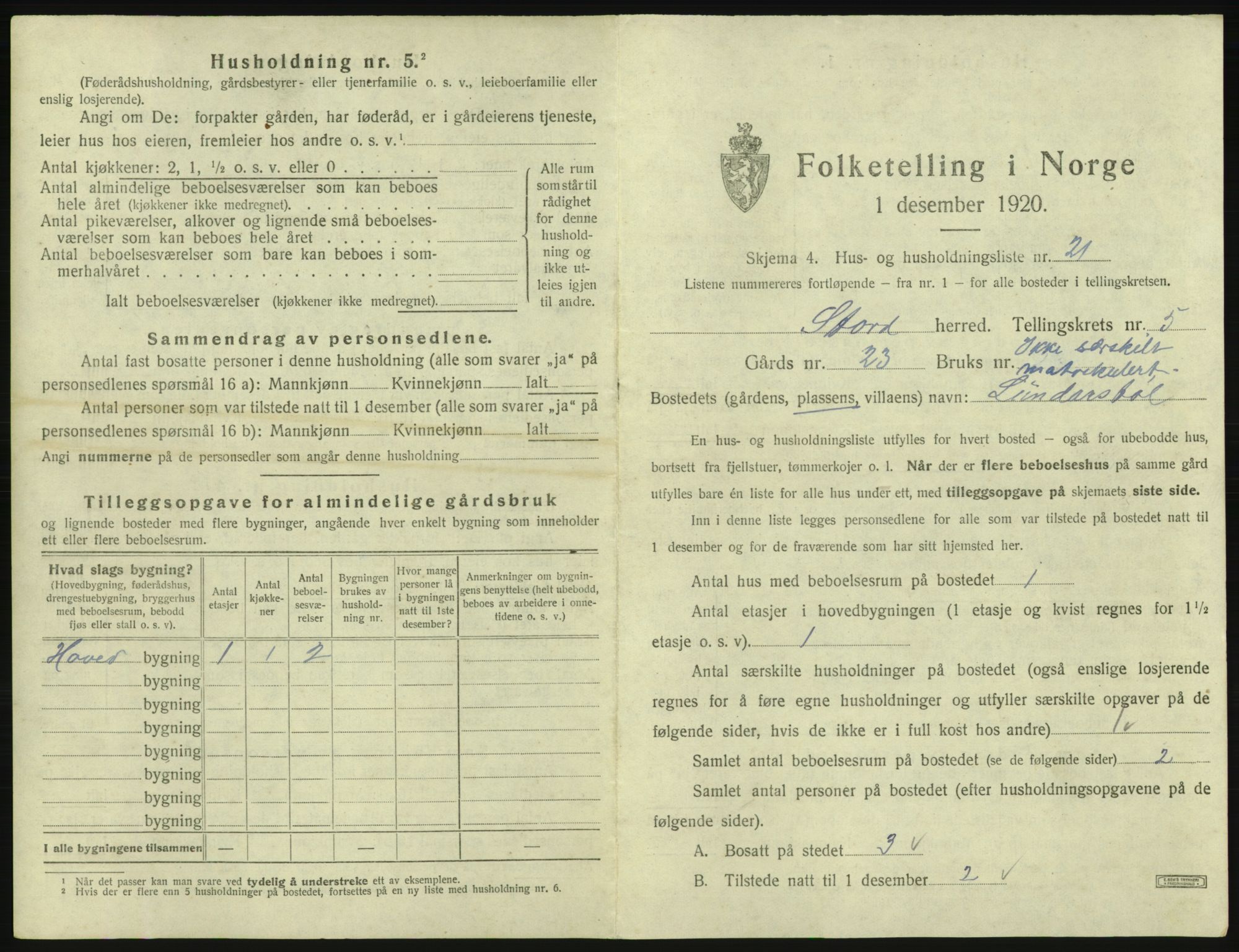 SAB, 1920 census for Stord, 1920, p. 217