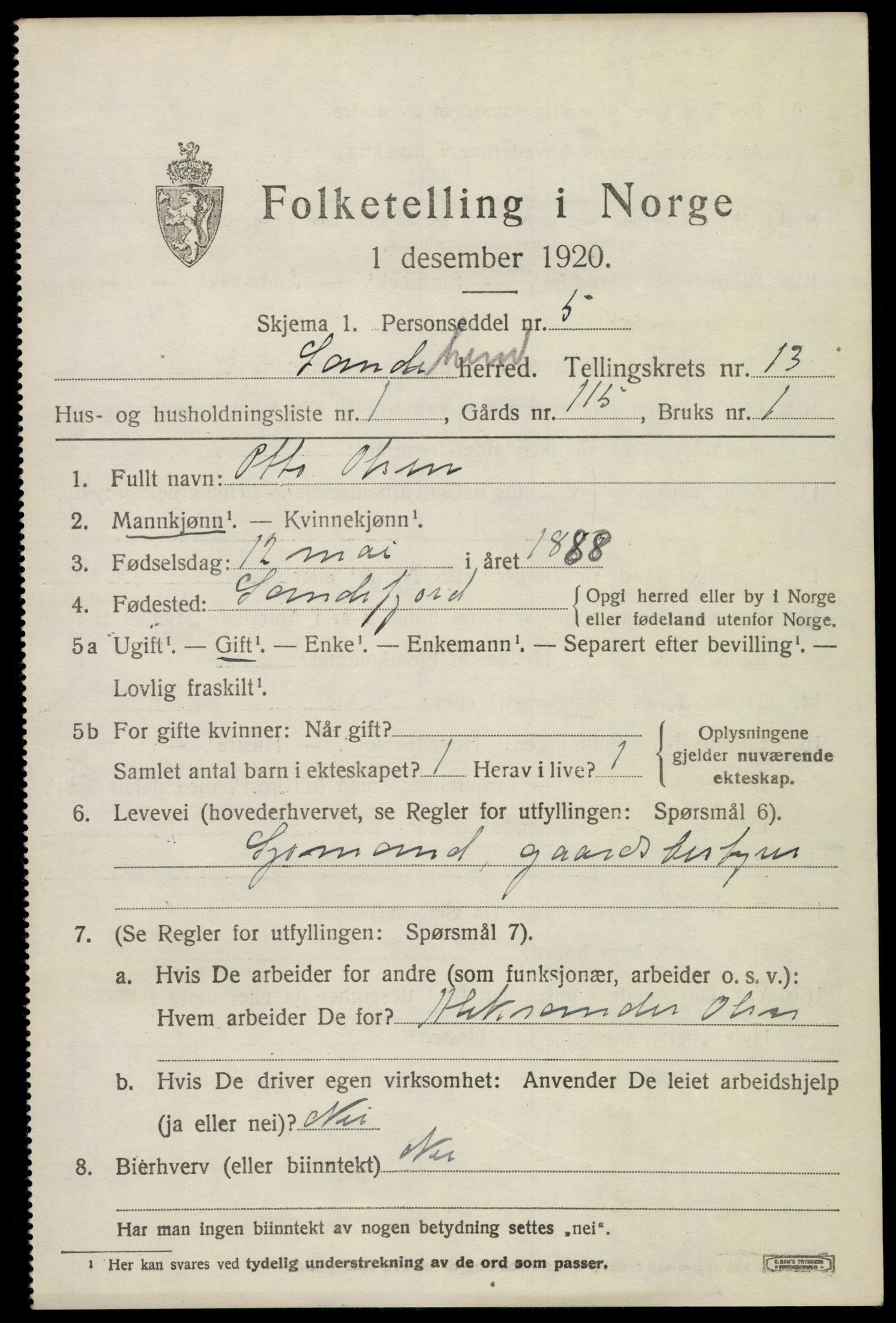 SAKO, 1920 census for Sandeherred, 1920, p. 19106