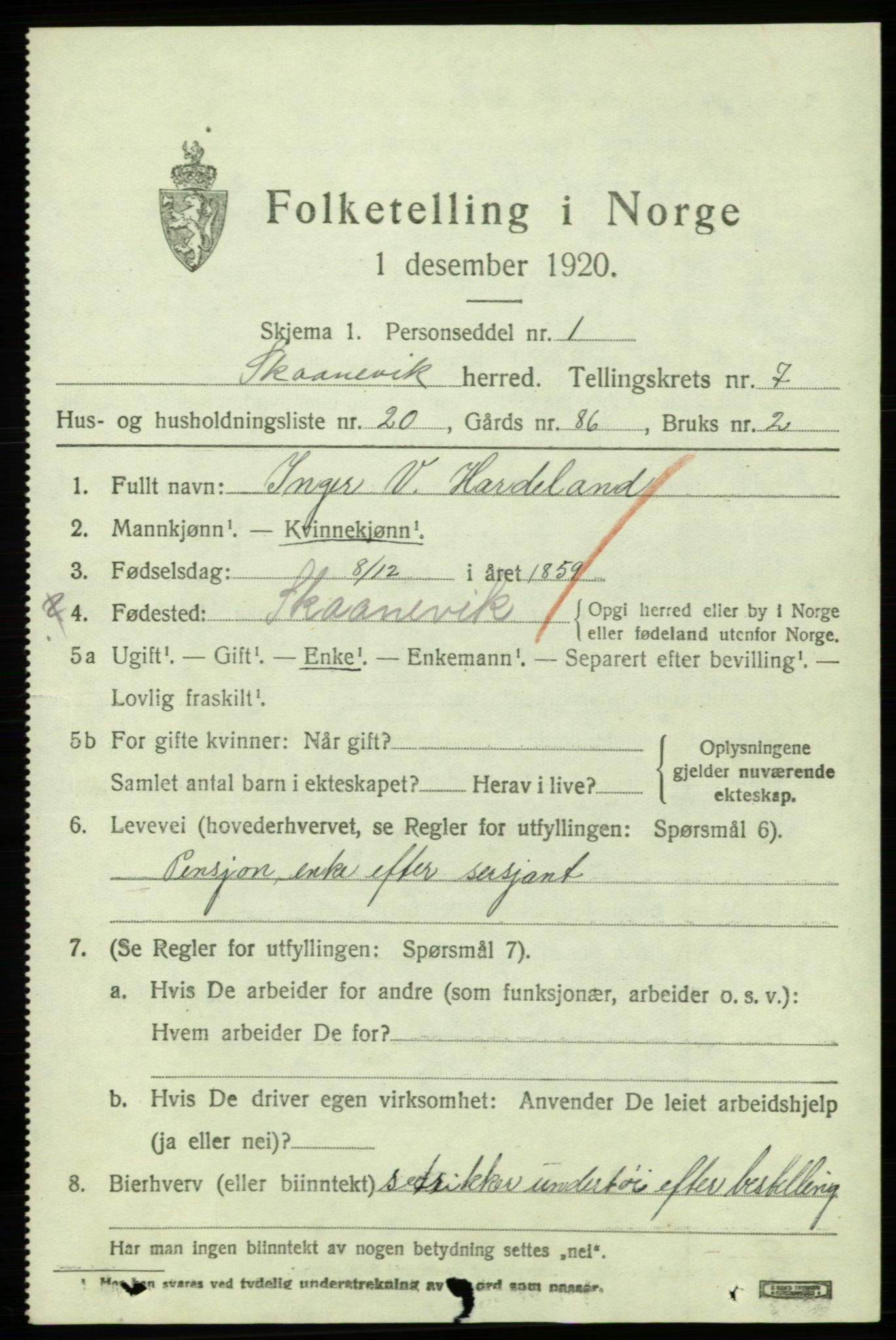 SAB, 1920 census for Skånevik, 1920, p. 4571