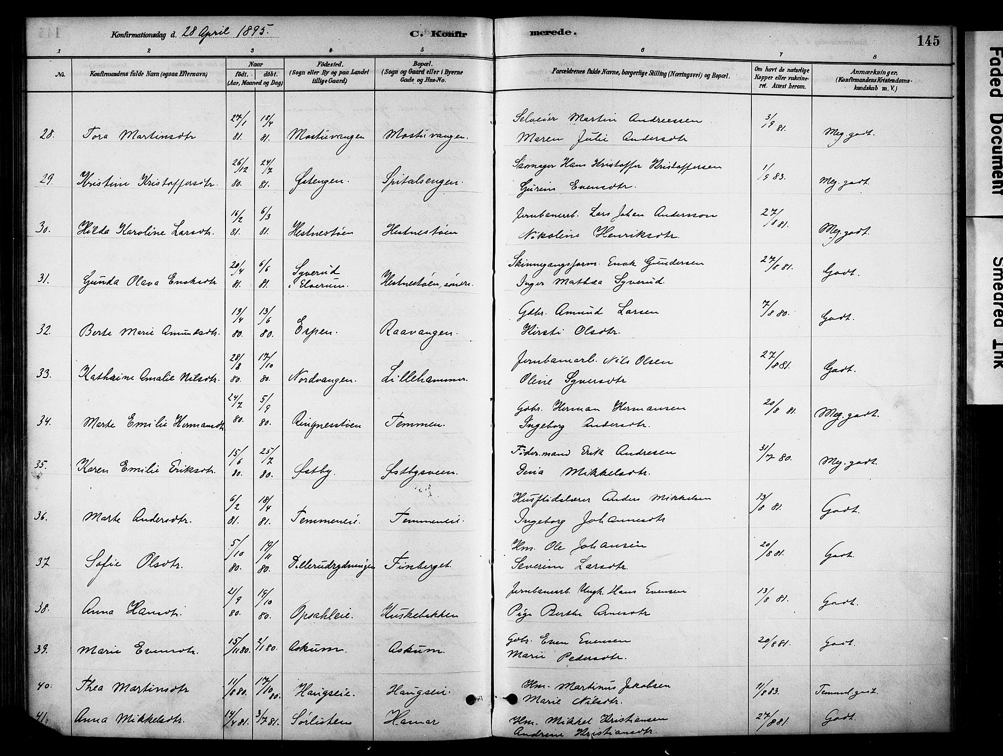 Stange prestekontor, AV/SAH-PREST-002/K/L0018: Parish register (official) no. 18, 1880-1896, p. 145