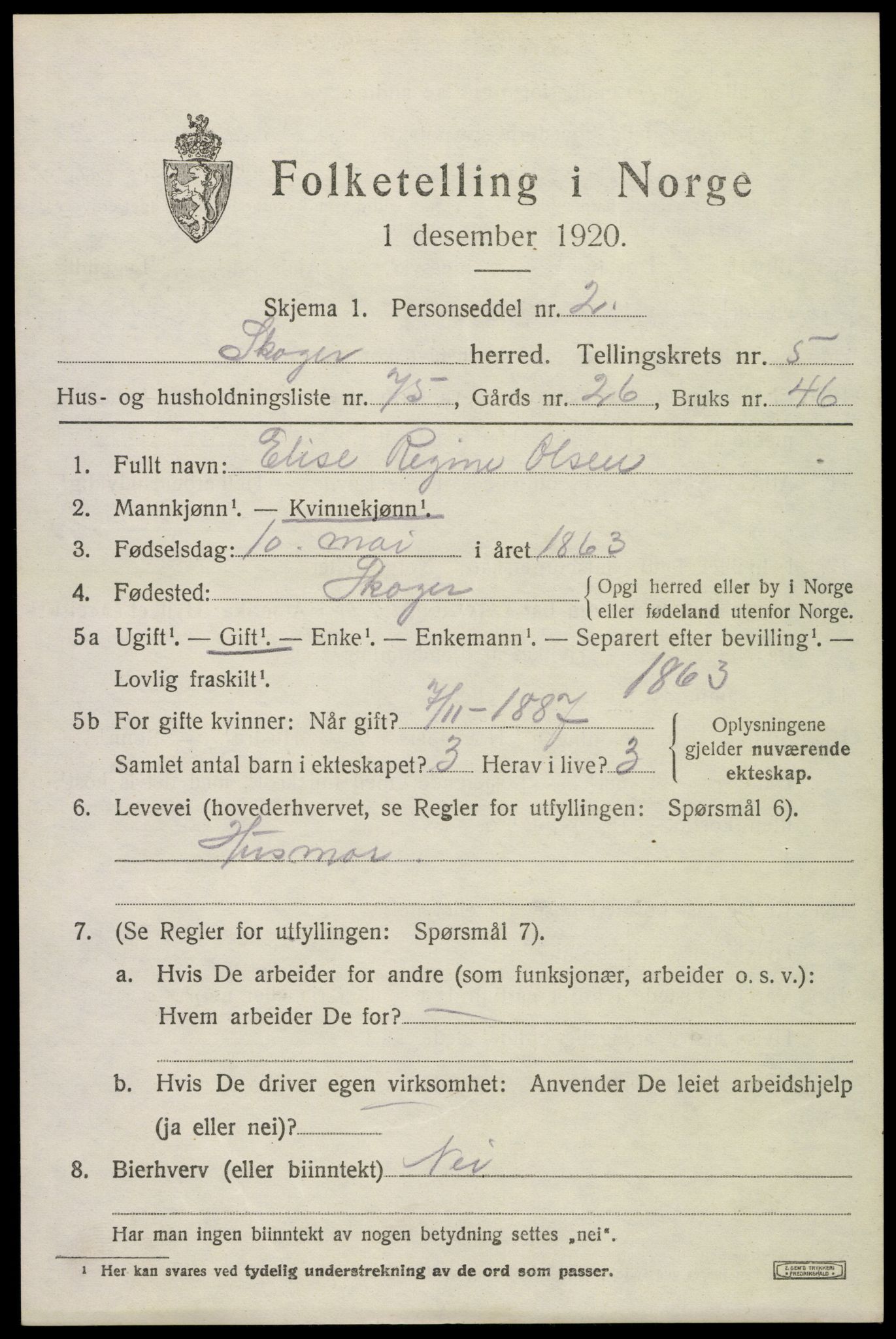 SAKO, 1920 census for Skoger, 1920, p. 11899