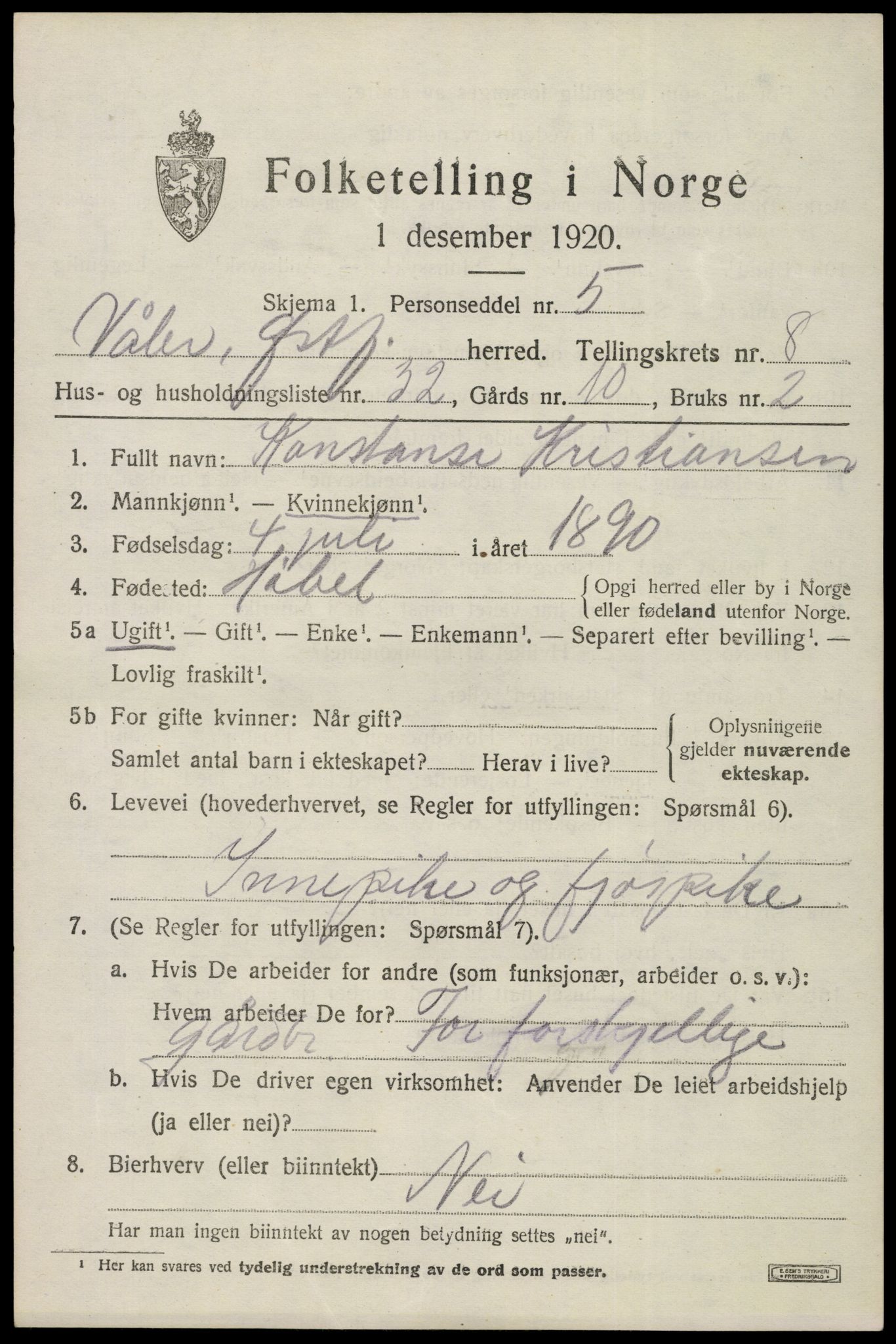 SAO, 1920 census for Våler, 1920, p. 4582