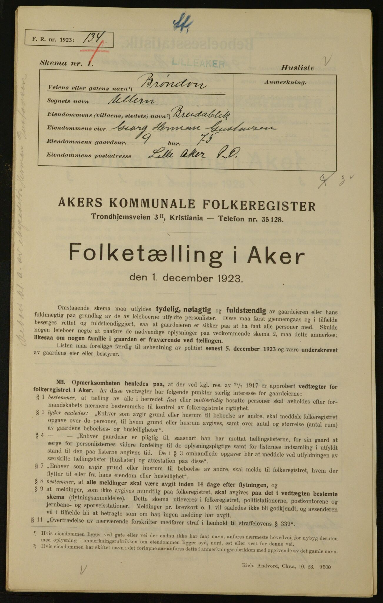 , Municipal Census 1923 for Aker, 1923, p. 760