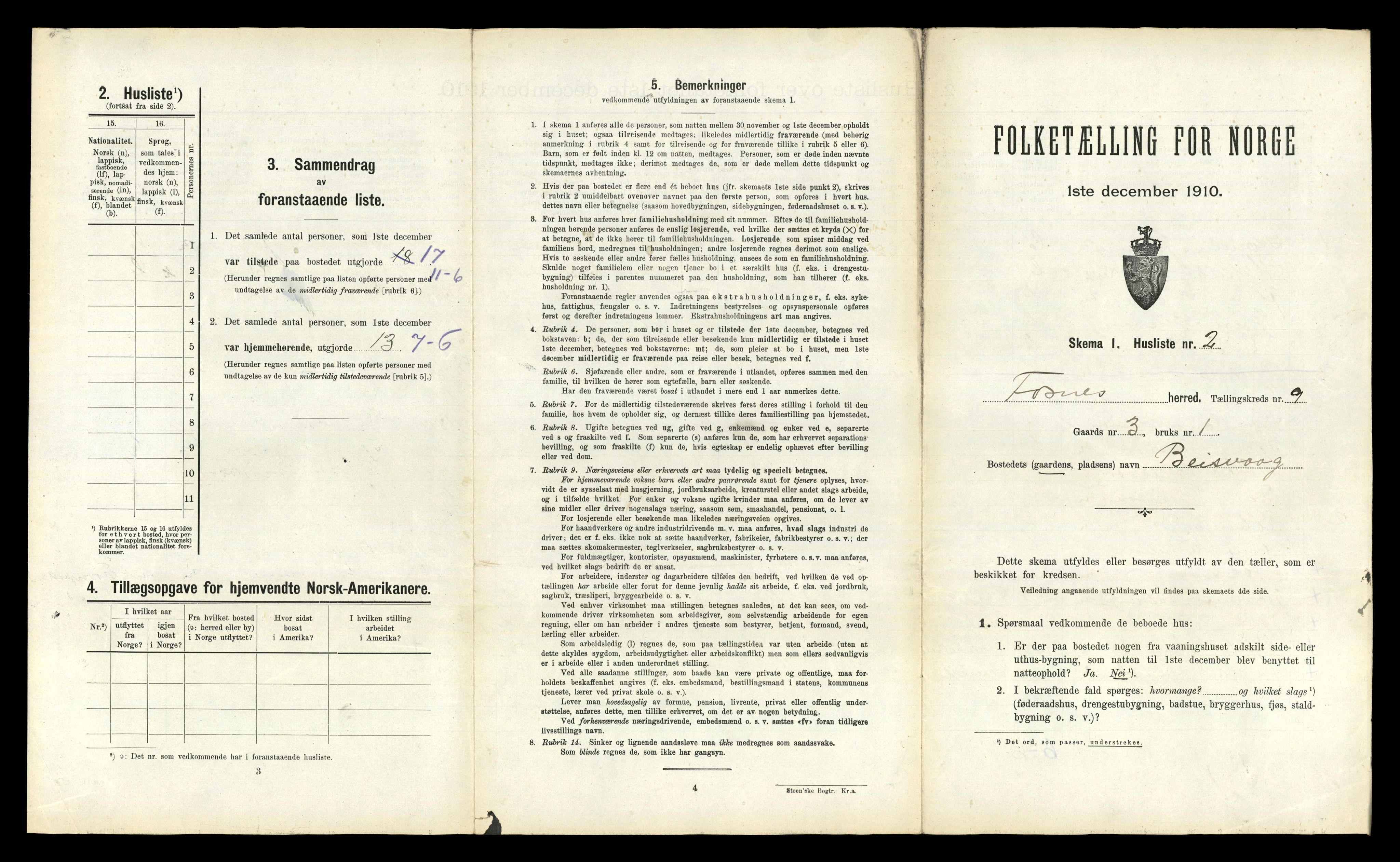 RA, 1910 census for Fosnes, 1910, p. 625