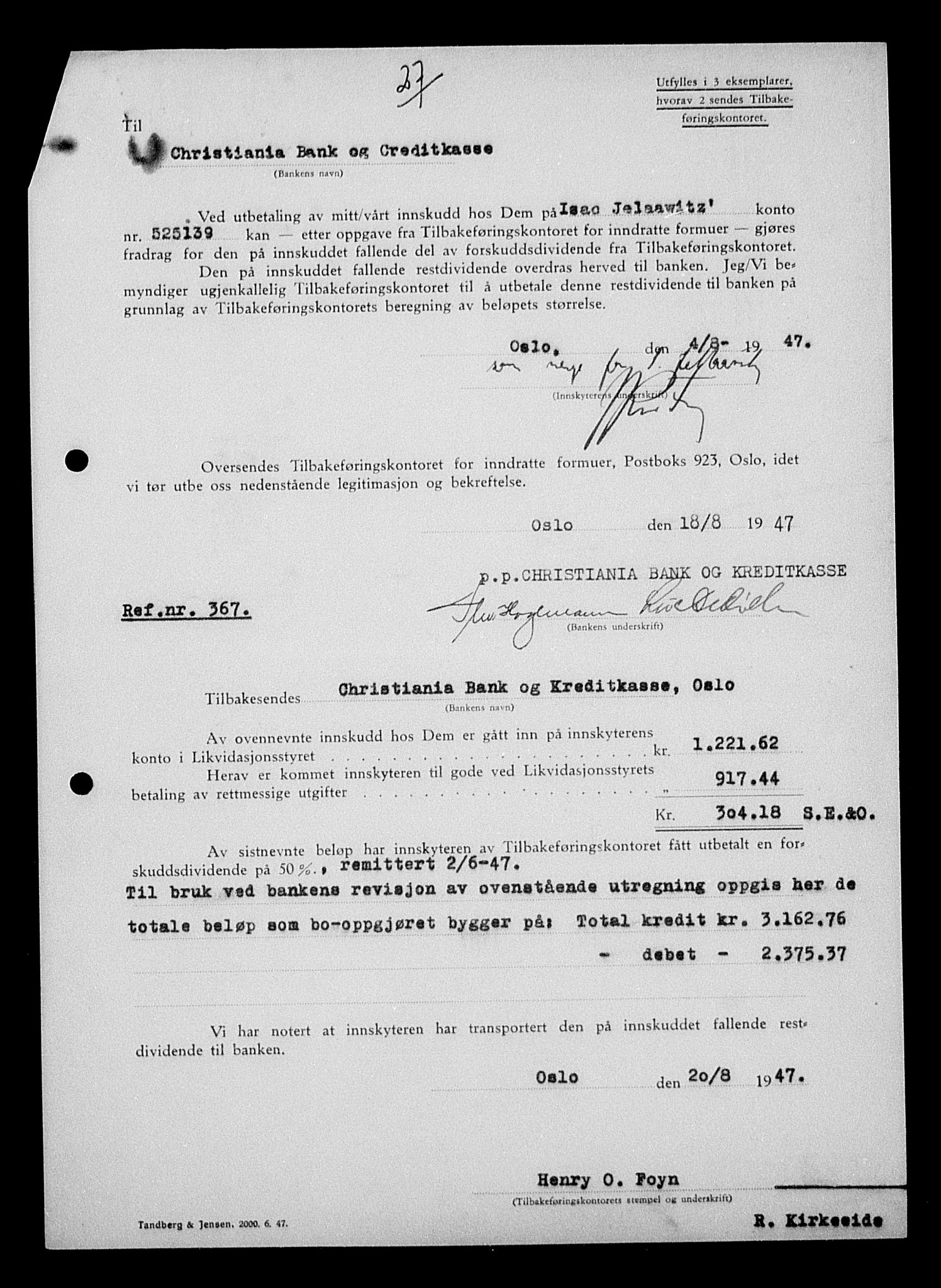 Justisdepartementet, Tilbakeføringskontoret for inndratte formuer, AV/RA-S-1564/H/Hc/Hcc/L0948: --, 1945-1947, p. 11
