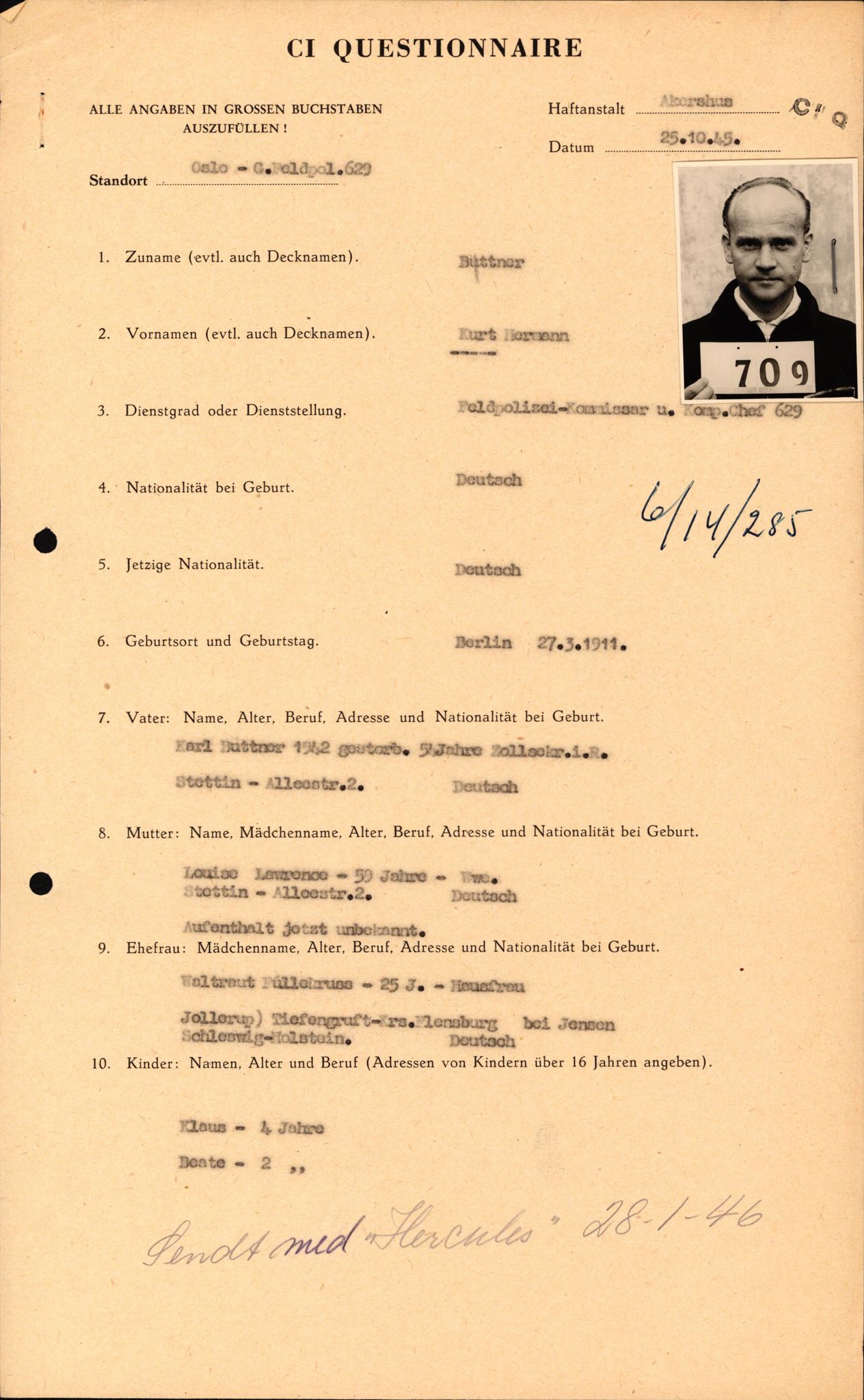 Forsvaret, Forsvarets overkommando II, AV/RA-RAFA-3915/D/Db/L0005: CI Questionaires. Tyske okkupasjonsstyrker i Norge. Tyskere., 1945-1946, p. 93