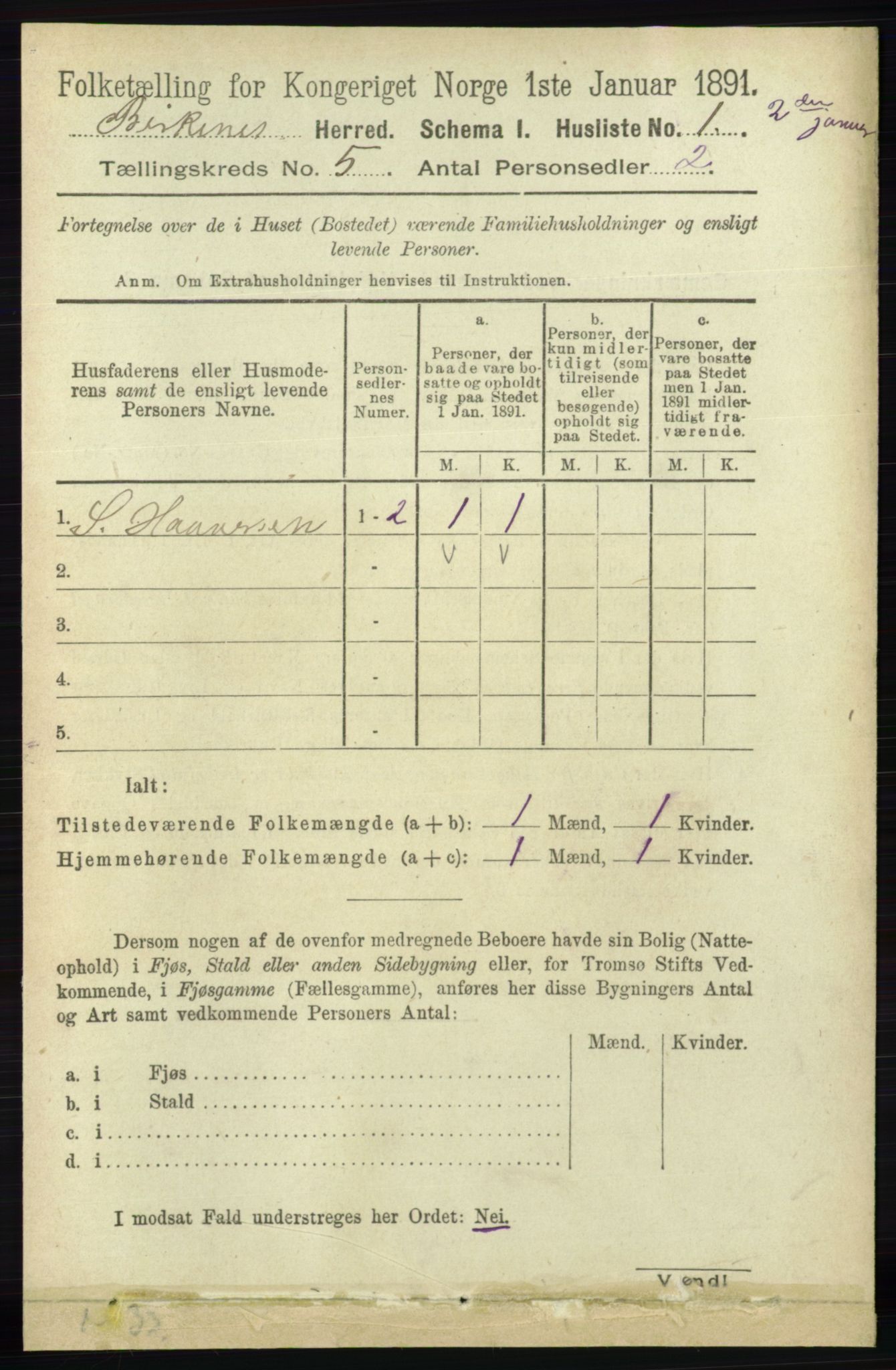RA, 1891 Census for 0928 Birkenes, 1891, p. 1497