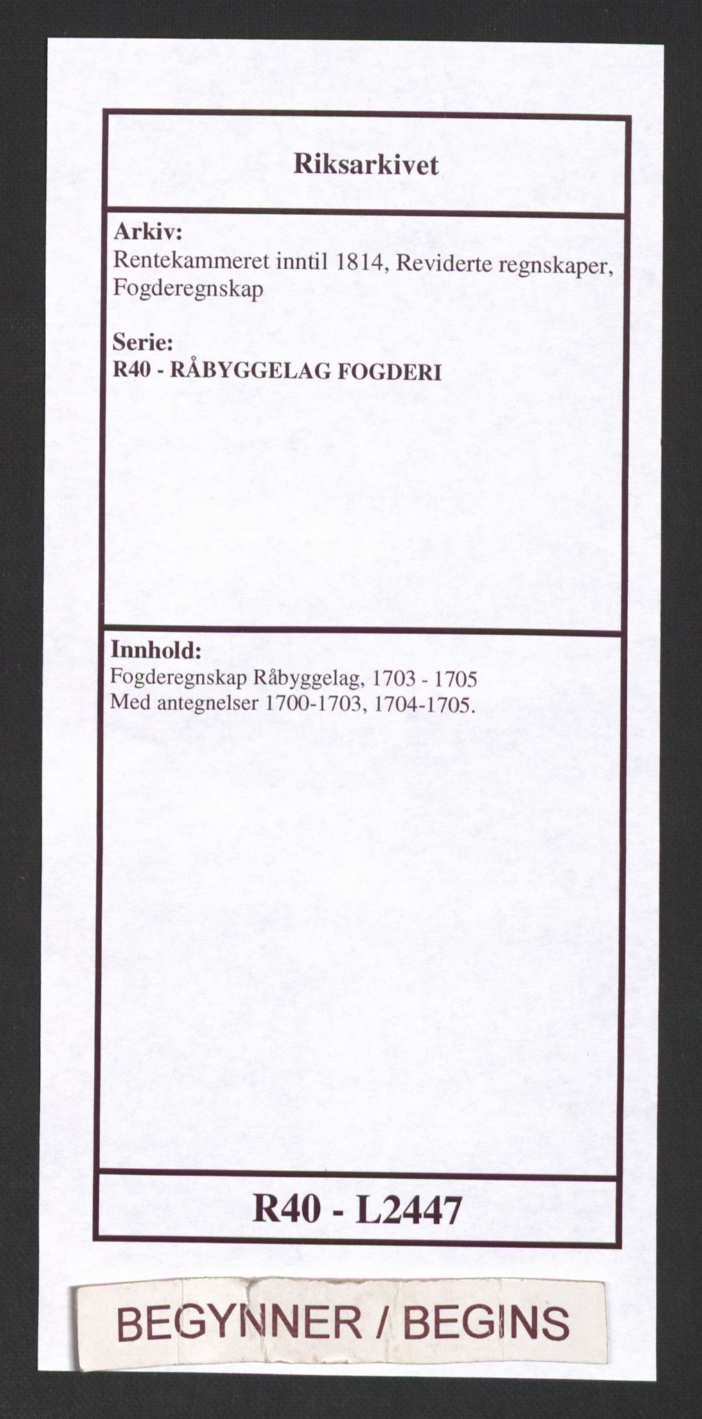 Rentekammeret inntil 1814, Reviderte regnskaper, Fogderegnskap, AV/RA-EA-4092/R40/L2447: Fogderegnskap Råbyggelag, 1703-1705, p. 1