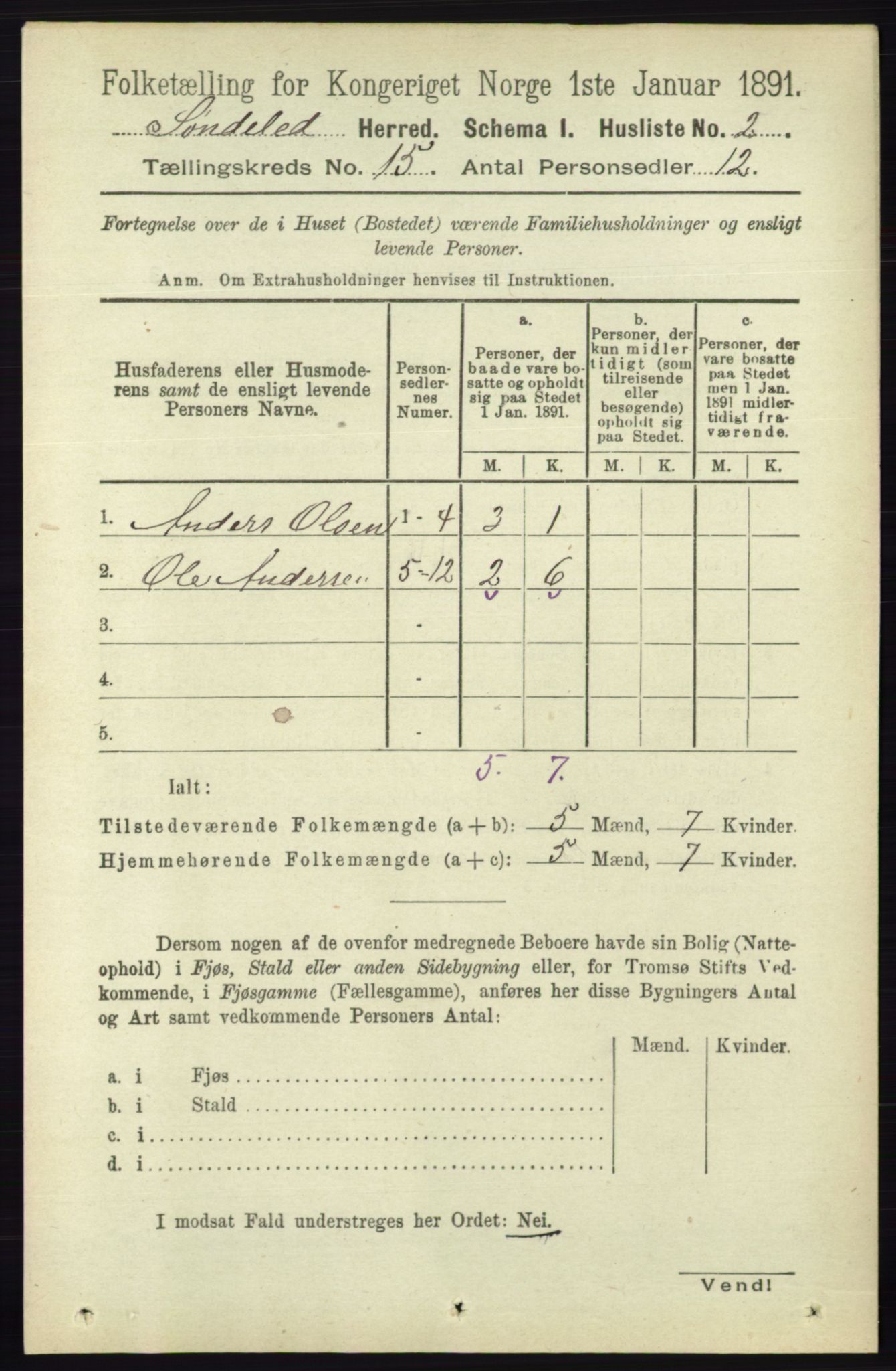 RA, 1891 census for 0913 Søndeled, 1891, p. 4305