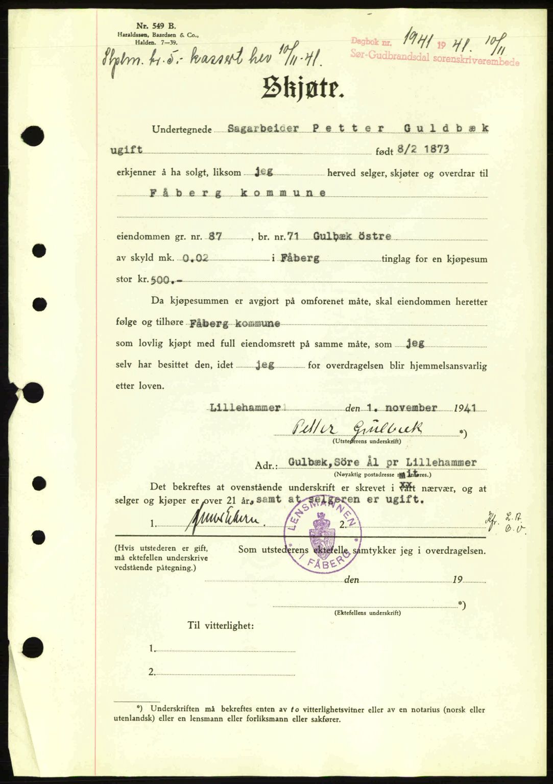 Sør-Gudbrandsdal tingrett, SAH/TING-004/H/Hb/Hbd/L0009: Mortgage book no. A9, 1941-1941, Diary no: : 1941/1941