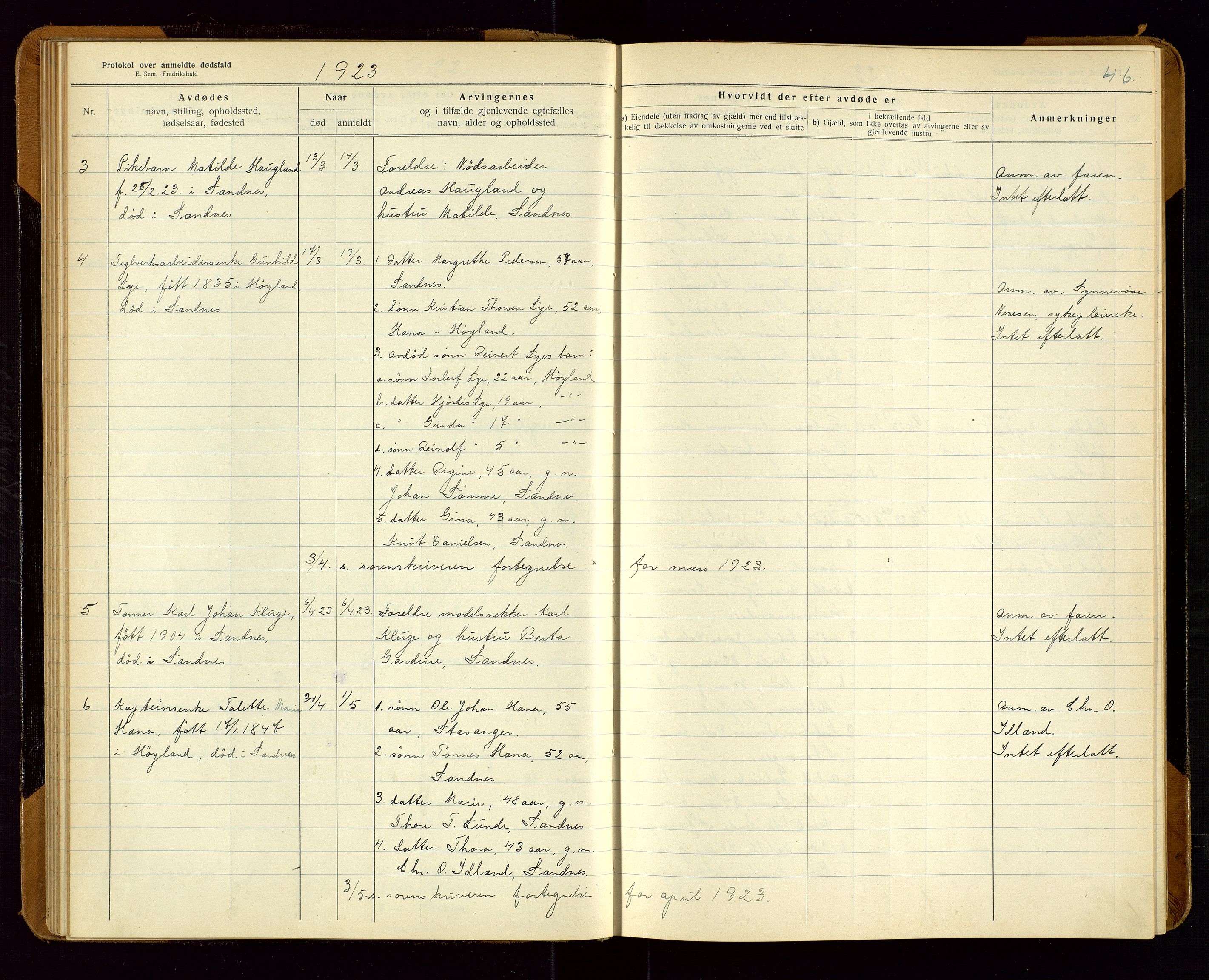 Sandnes lensmannskontor, SAST/A-100167/Gga/L0001: "Protokol over anmeldte dødsfald" m/register, 1918-1940, p. 46