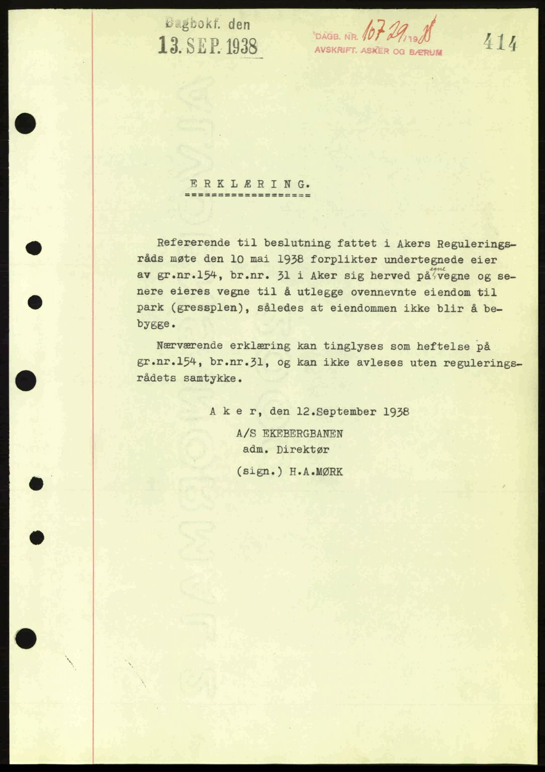 Aker herredsskriveri, SAO/A-10896/G/Gb/Gba/Gbab/L0025: Mortgage book no. A154-155, 1938-1938, Diary no: : 10729/1938