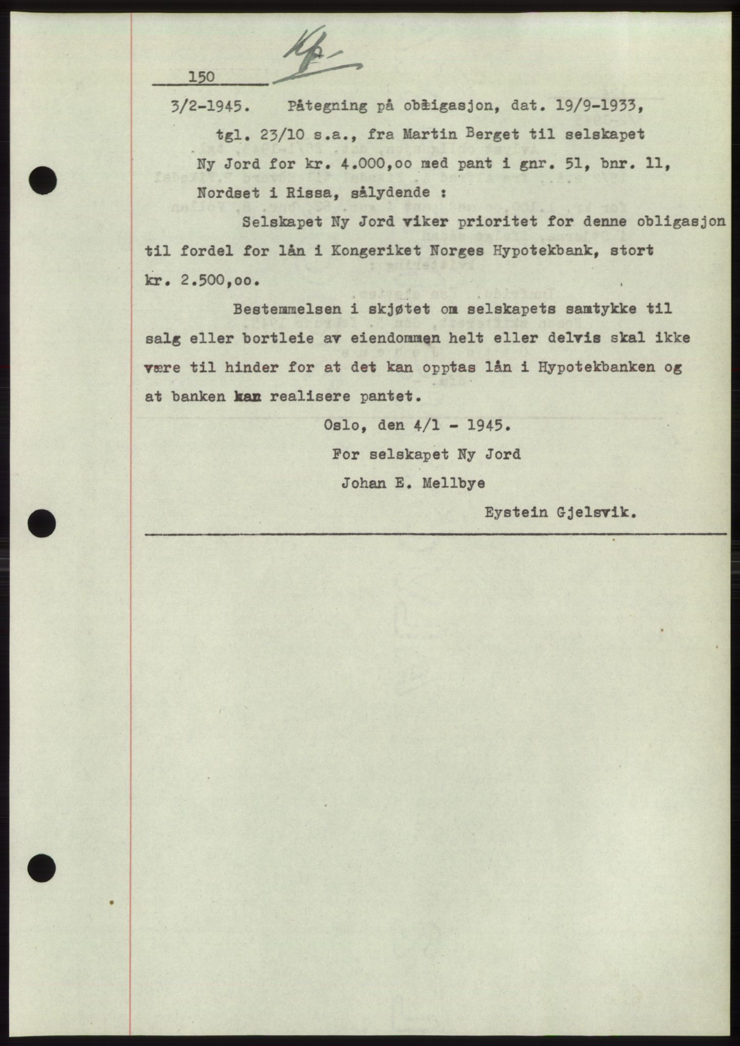 Fosen sorenskriveri, AV/SAT-A-1107/1/2/2C: Mortgage book no. B1, 1943-1946, Diary no: : 150/1945