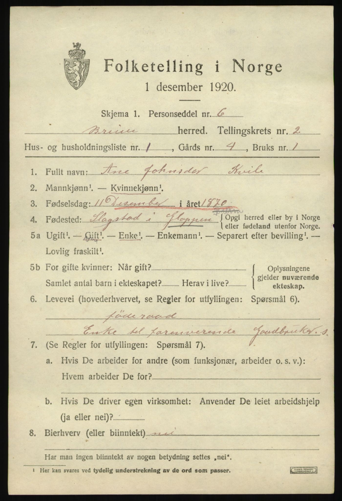 SAB, 1920 census for Breim, 1920, p. 815