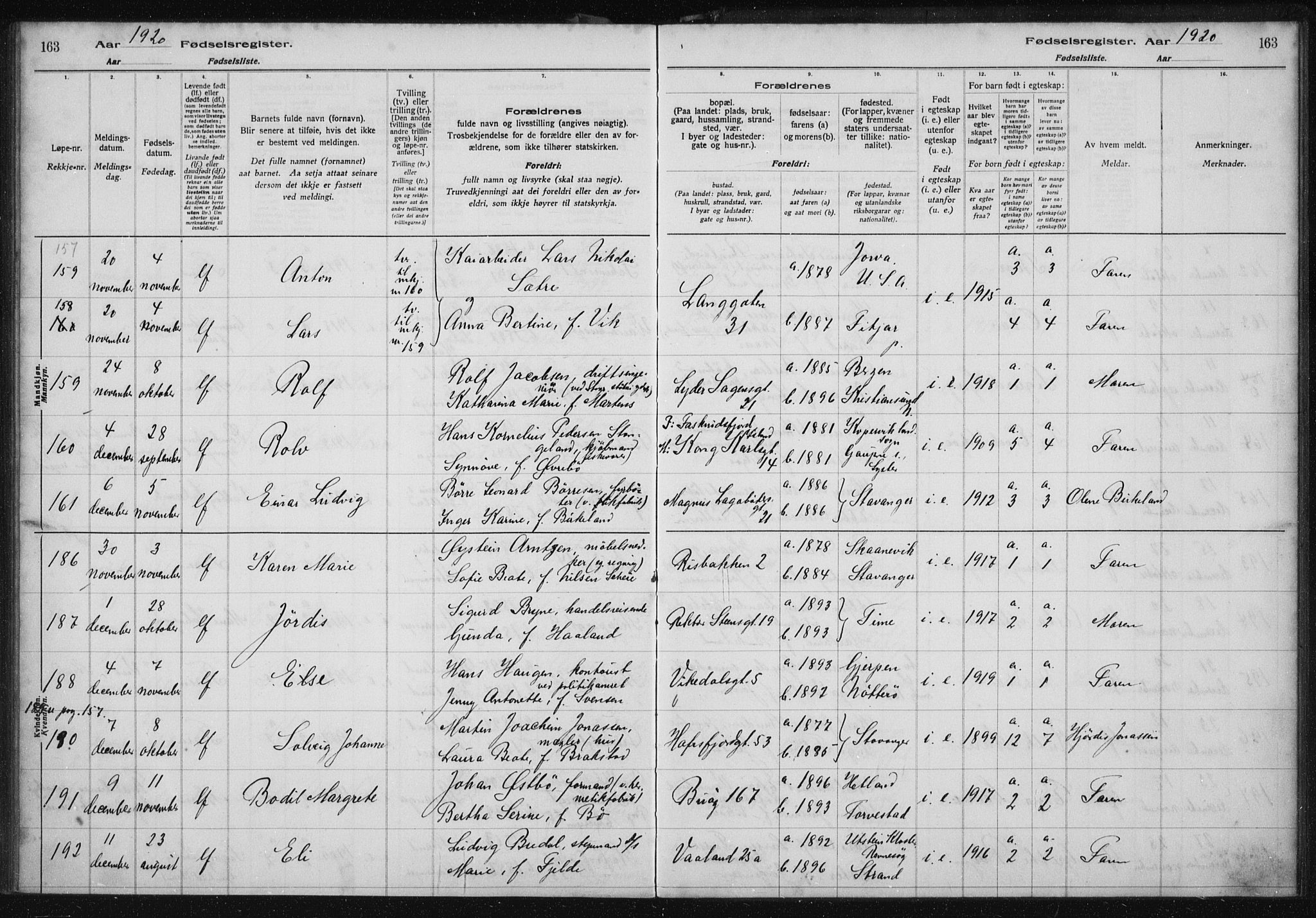 St. Petri sokneprestkontor, AV/SAST-A-101813/002/A/L0001: Birth register no. 1, 1916-1922, p. 163