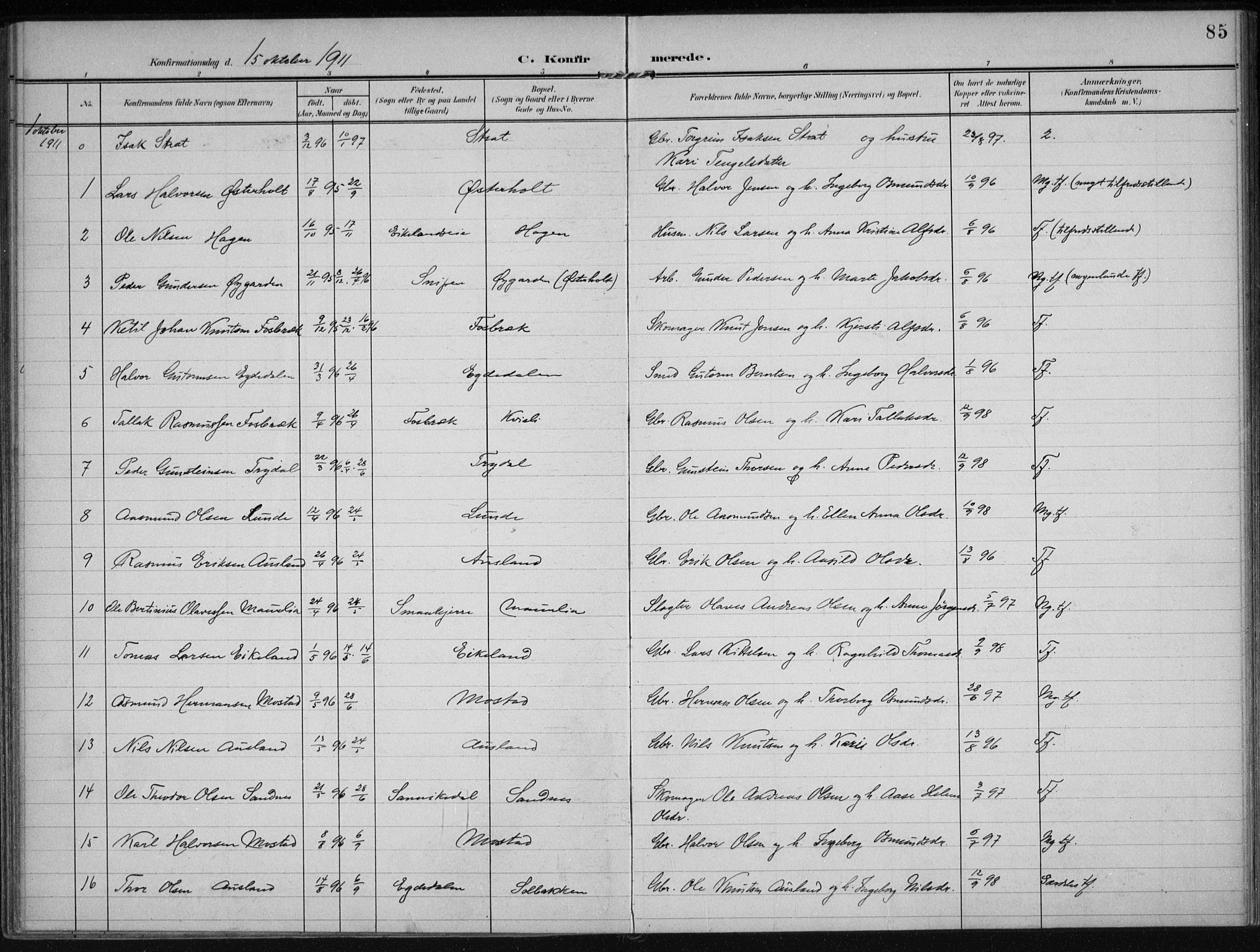 Gjerstad sokneprestkontor, AV/SAK-1111-0014/F/Fa/Faa/L0011: Parish register (official) no. A 11, 1903-1914, p. 85