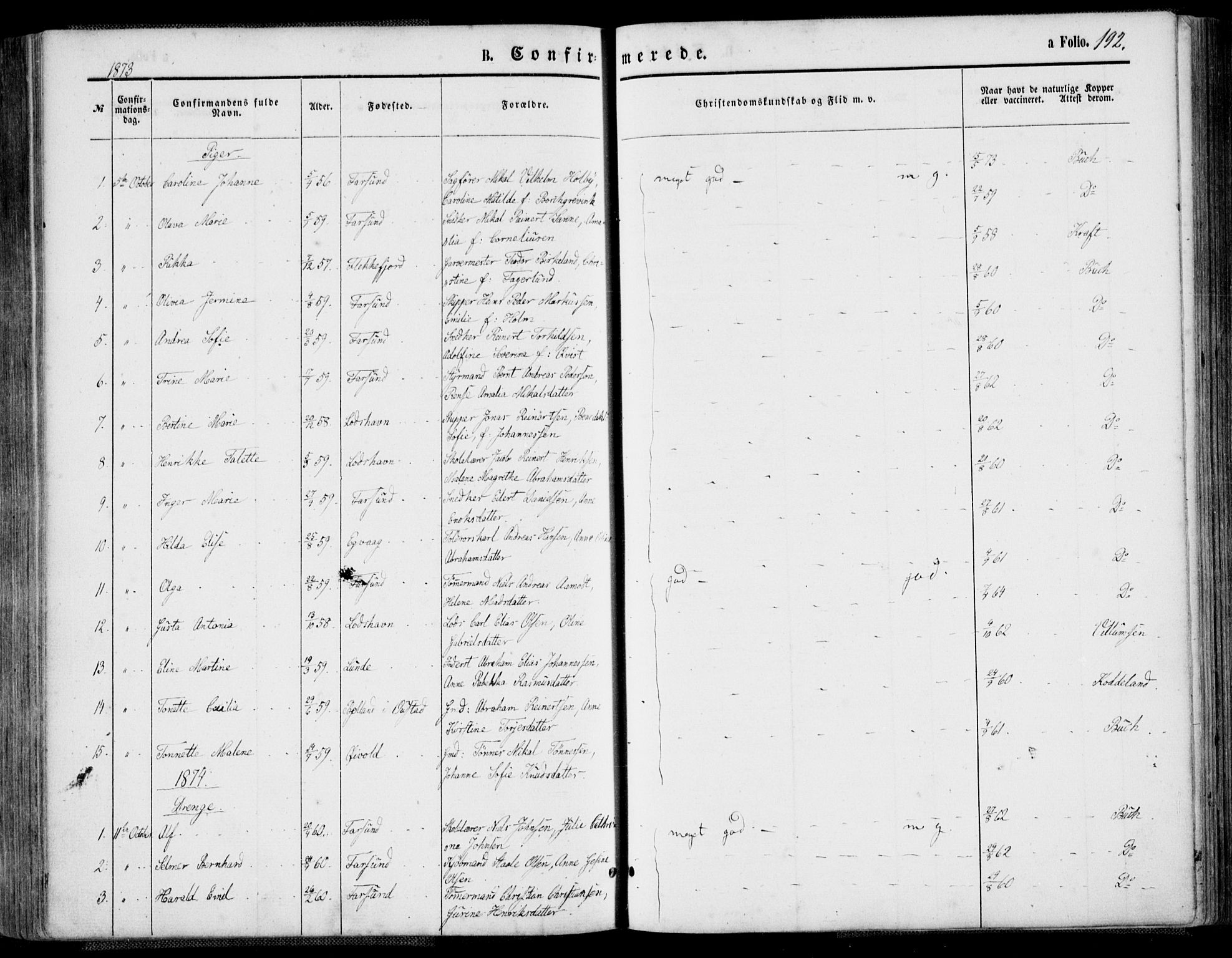 Farsund sokneprestkontor, SAK/1111-0009/F/Fa/L0005: Parish register (official) no. A 5, 1863-1886, p. 192