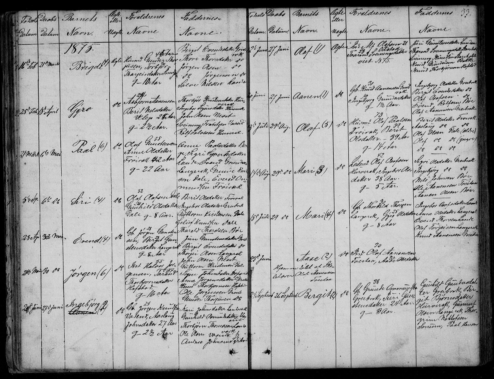 Bygland sokneprestkontor, SAK/1111-0006/F/Fb/Fbd/L0001: Parish register (copy) no. B 1, 1848-1895, p. 33