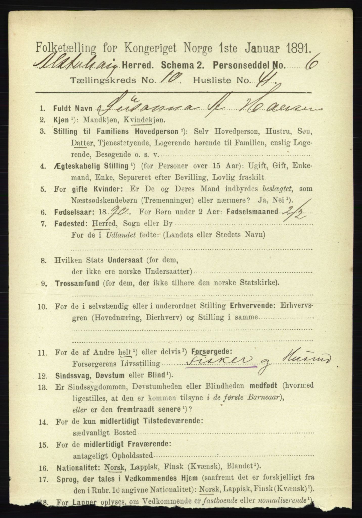 RA, 1891 census for 1820 Alstahaug, 1891, p. 3811