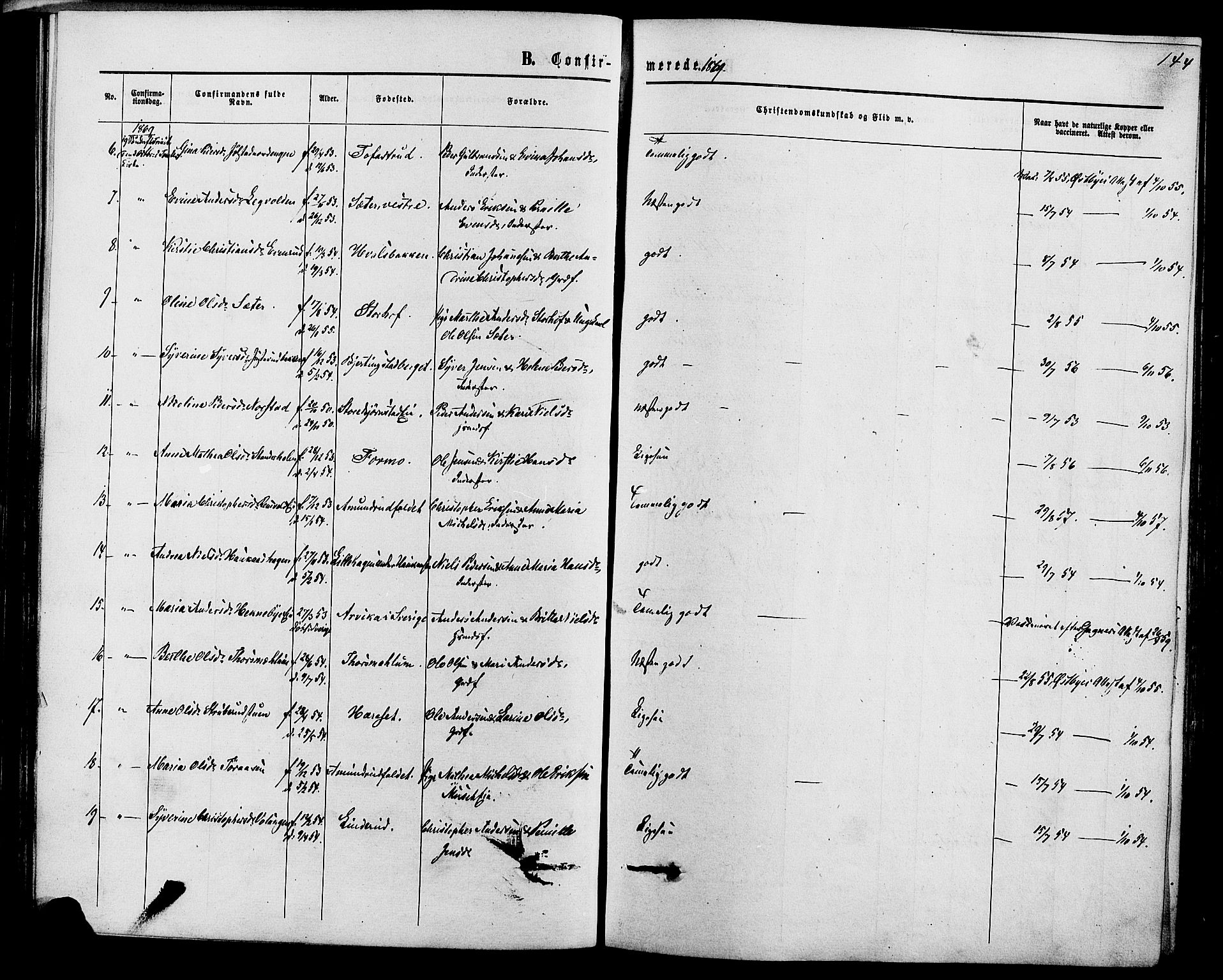 Romedal prestekontor, SAH/PREST-004/K/L0006: Parish register (official) no. 6, 1866-1886, p. 144
