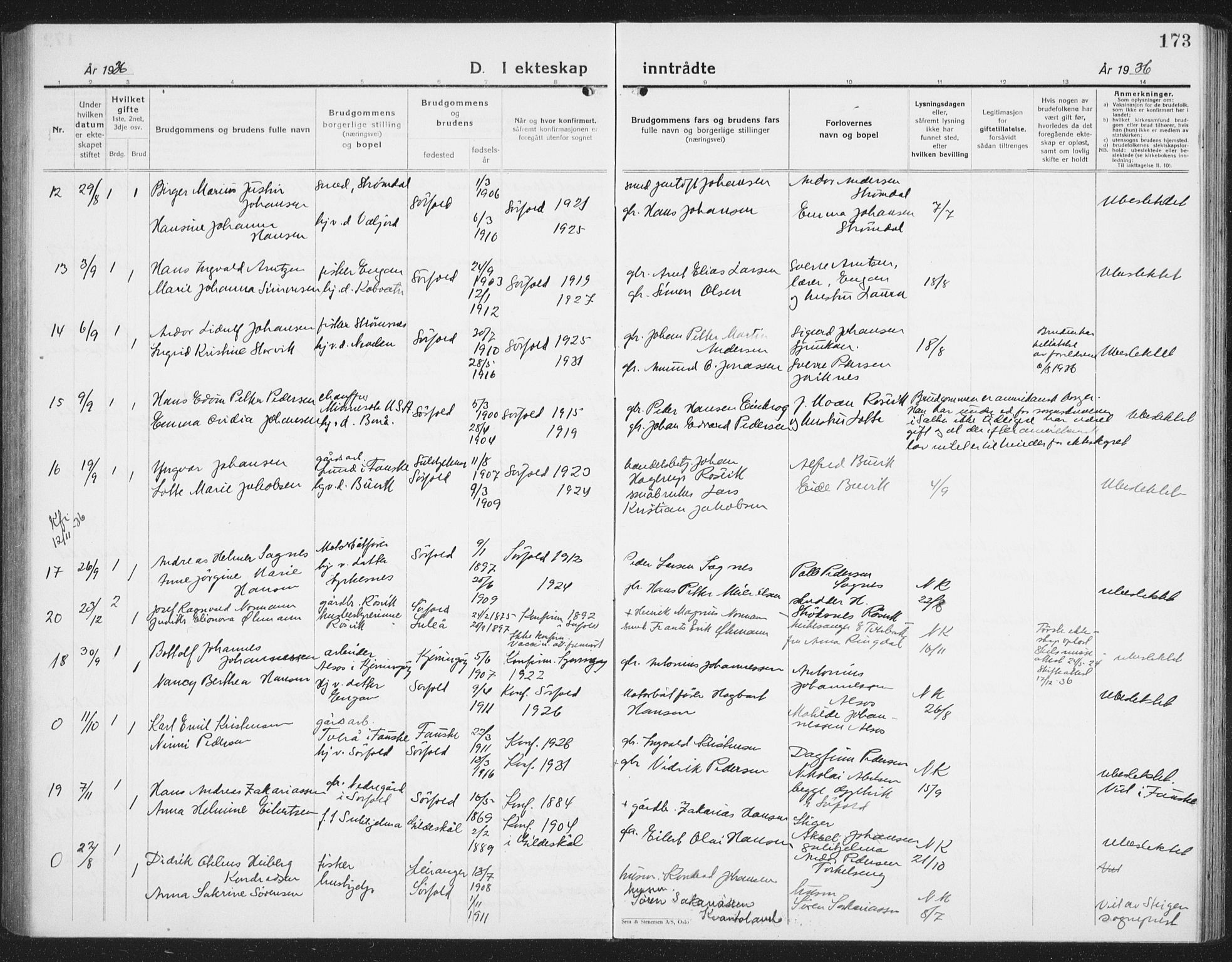 Ministerialprotokoller, klokkerbøker og fødselsregistre - Nordland, AV/SAT-A-1459/854/L0788: Parish register (copy) no. 854C04, 1926-1940, p. 173