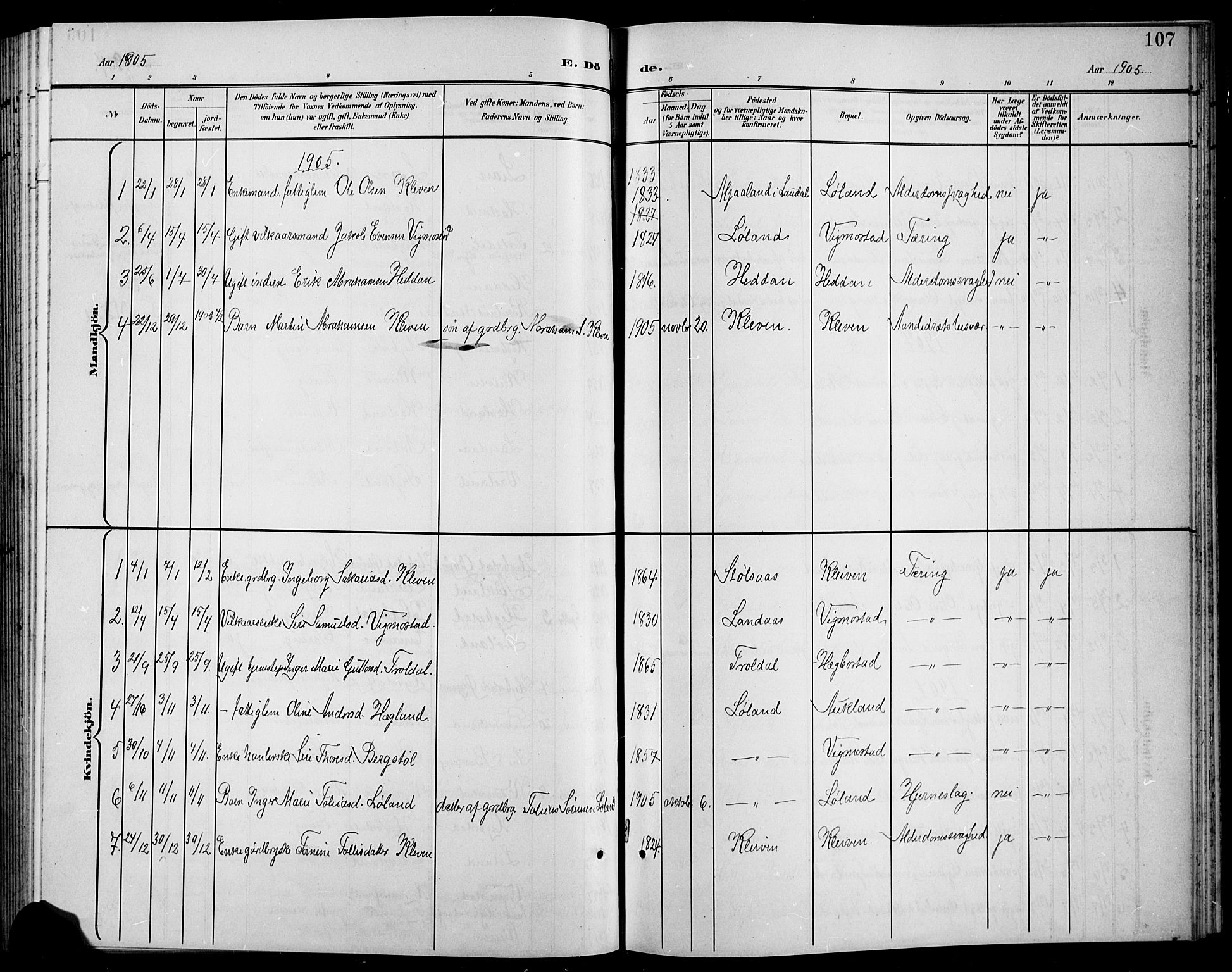 Nord-Audnedal sokneprestkontor, AV/SAK-1111-0032/F/Fb/Fbb/L0004: Parish register (copy) no. B 4, 1901-1917, p. 107