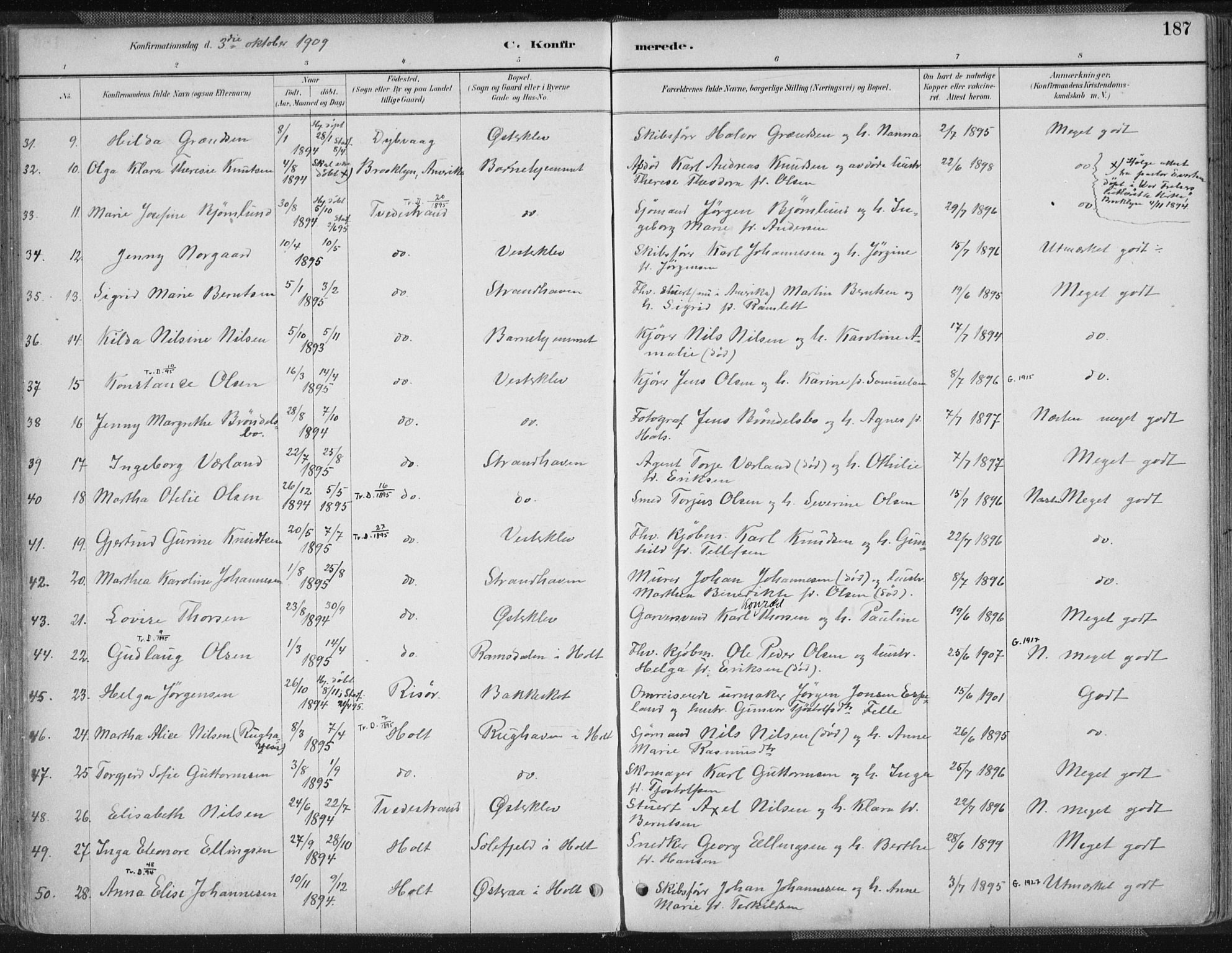 Tvedestrand sokneprestkontor, AV/SAK-1111-0042/F/Fa/L0001: Parish register (official) no. A 1, 1885-1916, p. 187