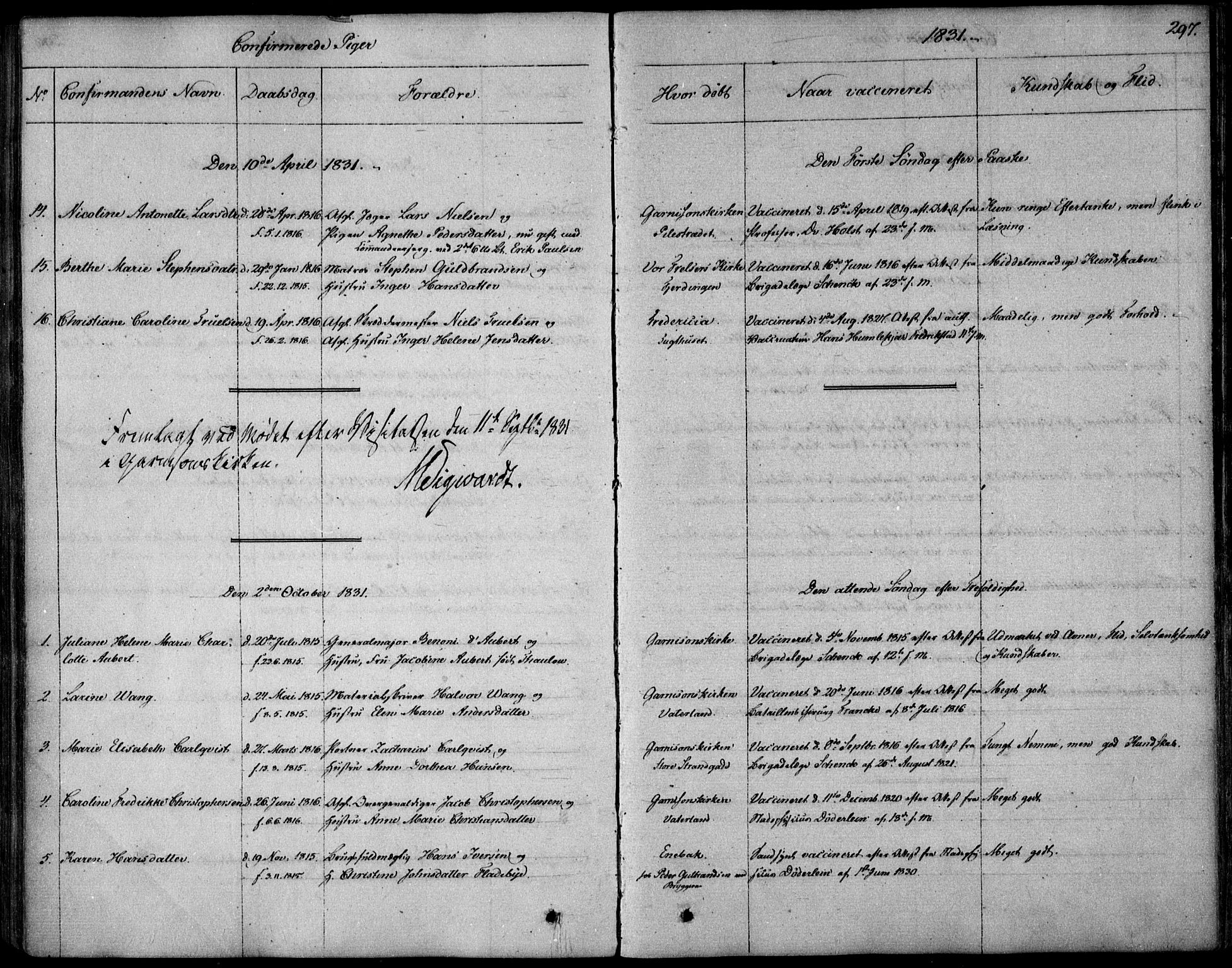 Garnisonsmenigheten Kirkebøker, SAO/A-10846/F/Fa/L0006: Parish register (official) no. 6, 1828-1841, p. 297