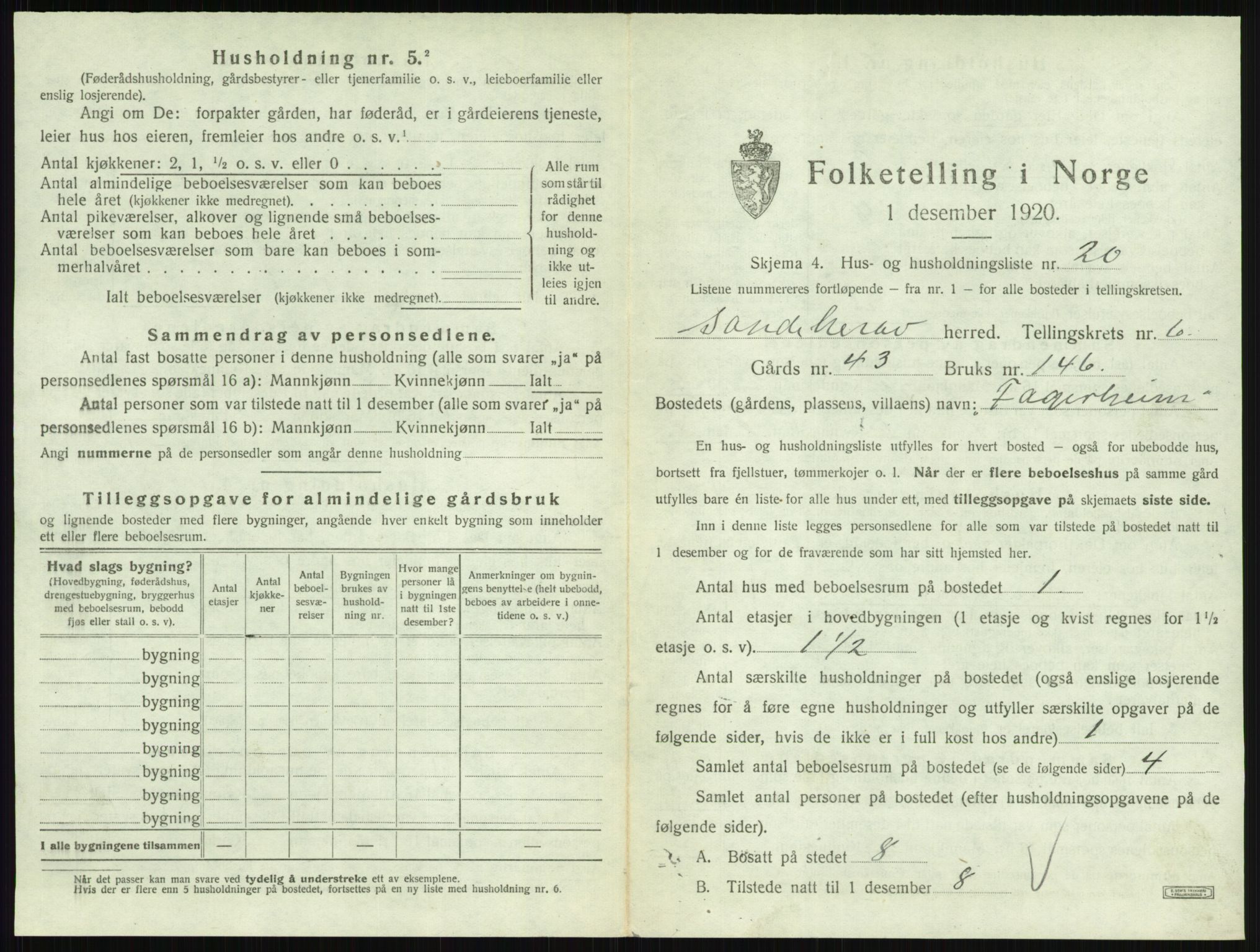 SAKO, 1920 census for Sandeherred, 1920, p. 1152