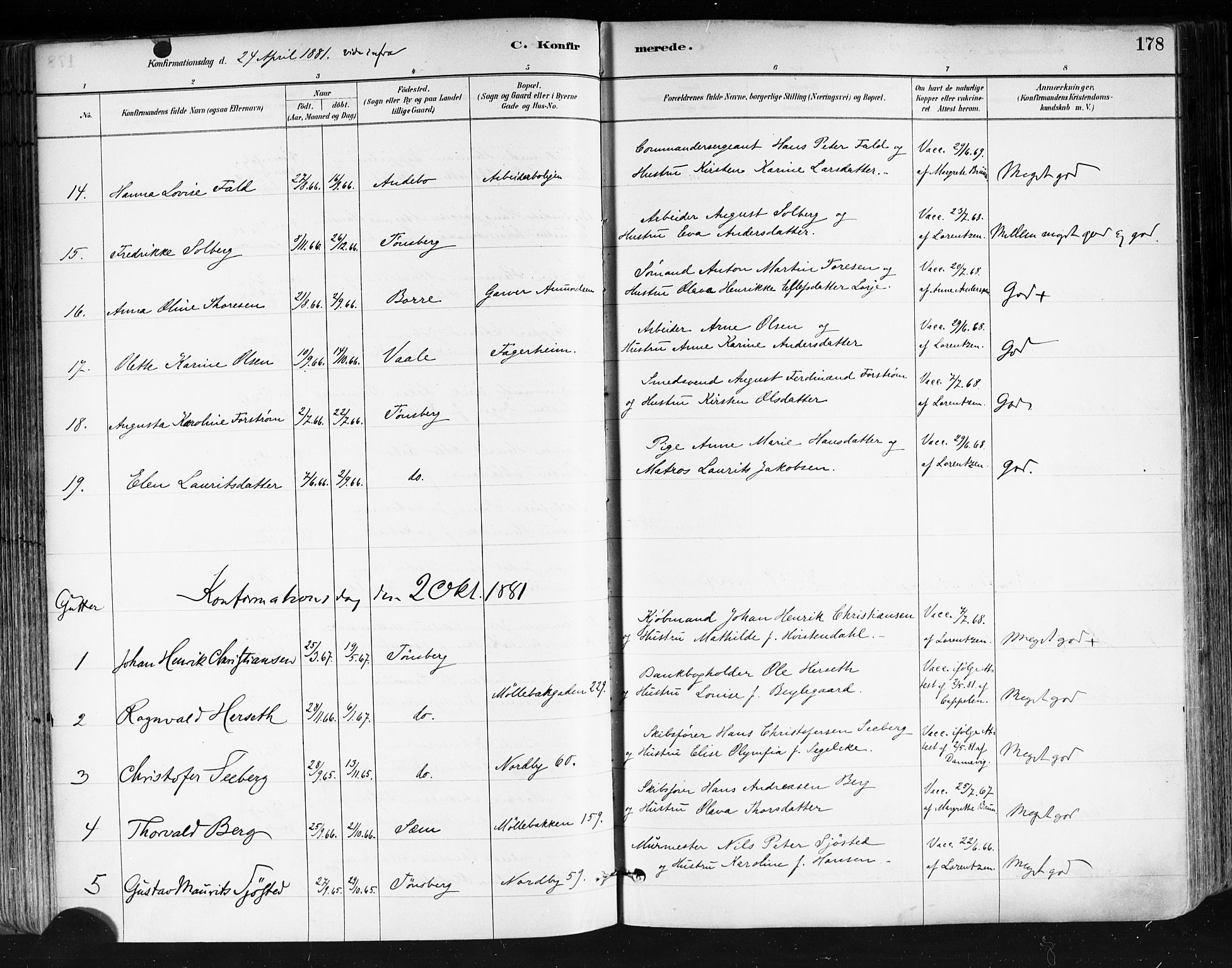 Tønsberg kirkebøker, AV/SAKO-A-330/F/Fa/L0011: Parish register (official) no. I 11, 1881-1890, p. 178