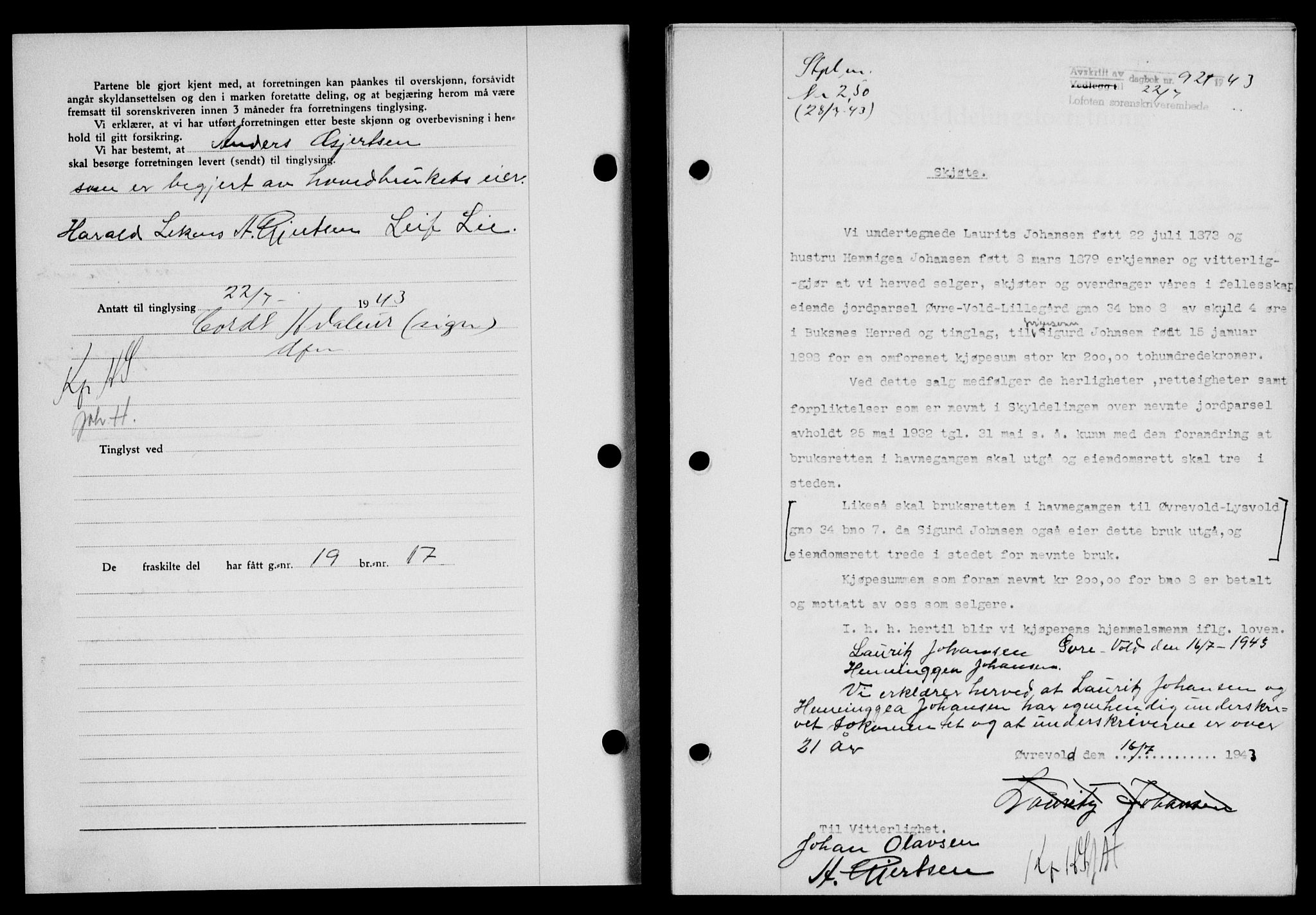 Lofoten sorenskriveri, SAT/A-0017/1/2/2C/L0011a: Mortgage book no. 11a, 1943-1943, Diary no: : 921/1943