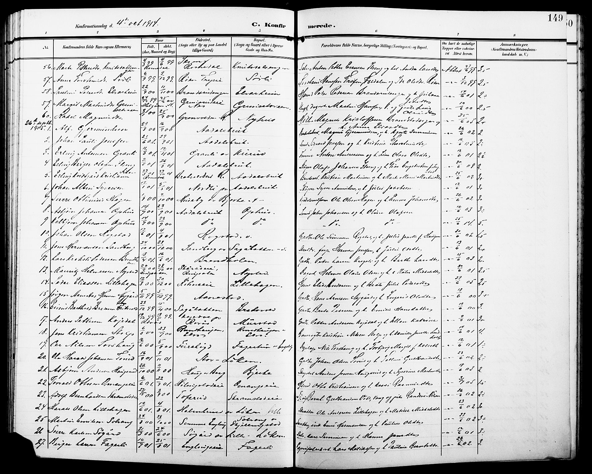 Løten prestekontor, SAH/PREST-022/L/La/L0007: Parish register (copy) no. 7, 1910-1919, p. 149