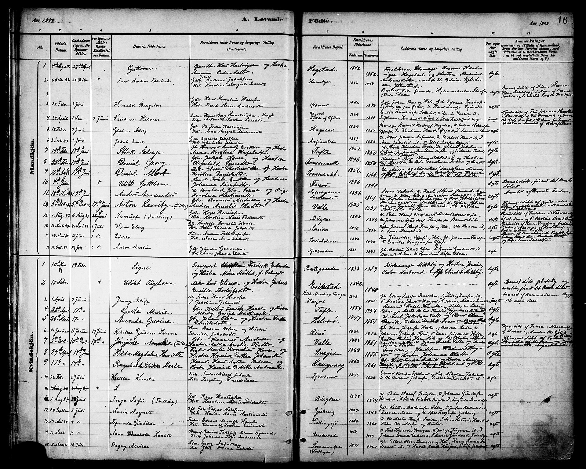 Ministerialprotokoller, klokkerbøker og fødselsregistre - Nordland, SAT/A-1459/872/L1035: Parish register (official) no. 872A10, 1884-1896, p. 16