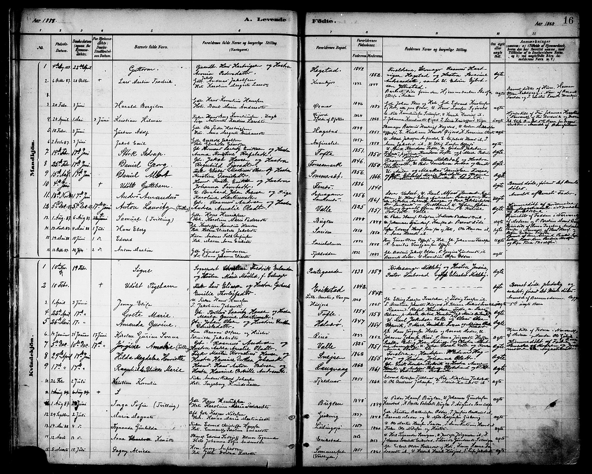 Ministerialprotokoller, klokkerbøker og fødselsregistre - Nordland, AV/SAT-A-1459/872/L1035: Parish register (official) no. 872A10, 1884-1896, p. 16