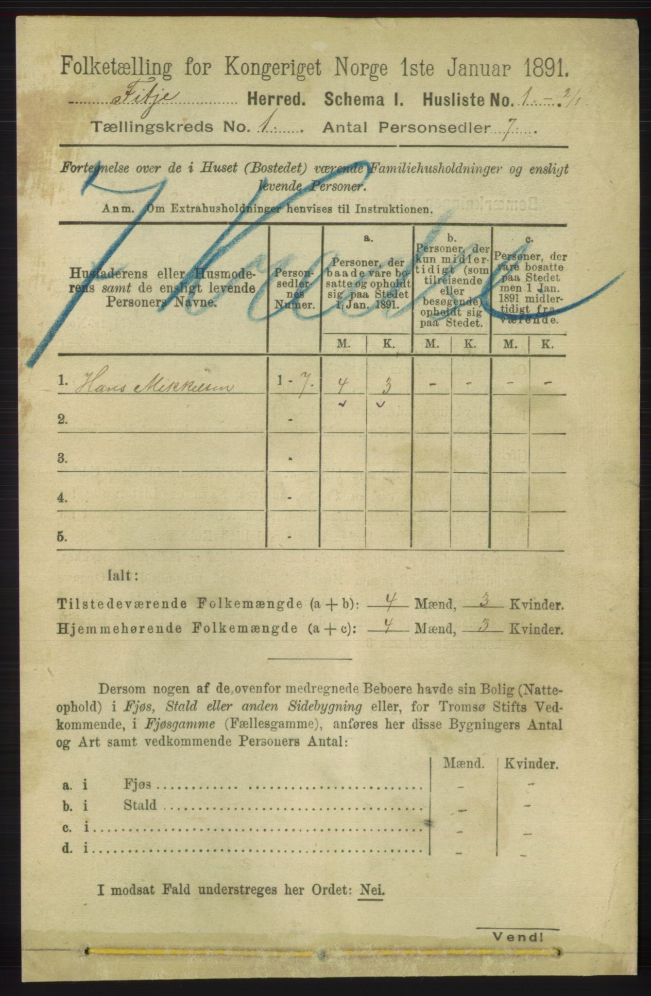 RA, 1891 census for 1222 Fitjar, 1891, p. 20