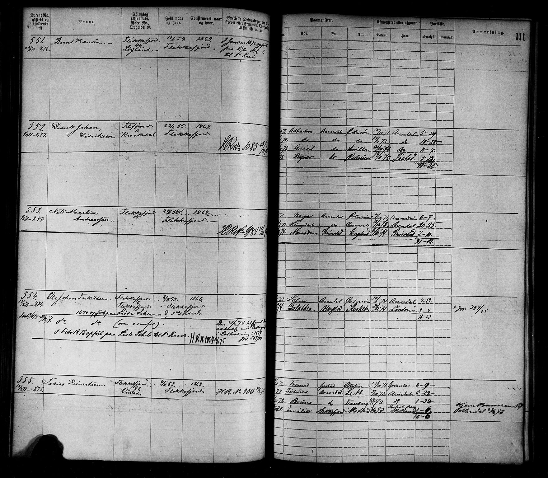 Flekkefjord mønstringskrets, SAK/2031-0018/F/Fa/L0002: Annotasjonsrulle nr 1-1920 med register, N-2, 1870-1891, p. 135