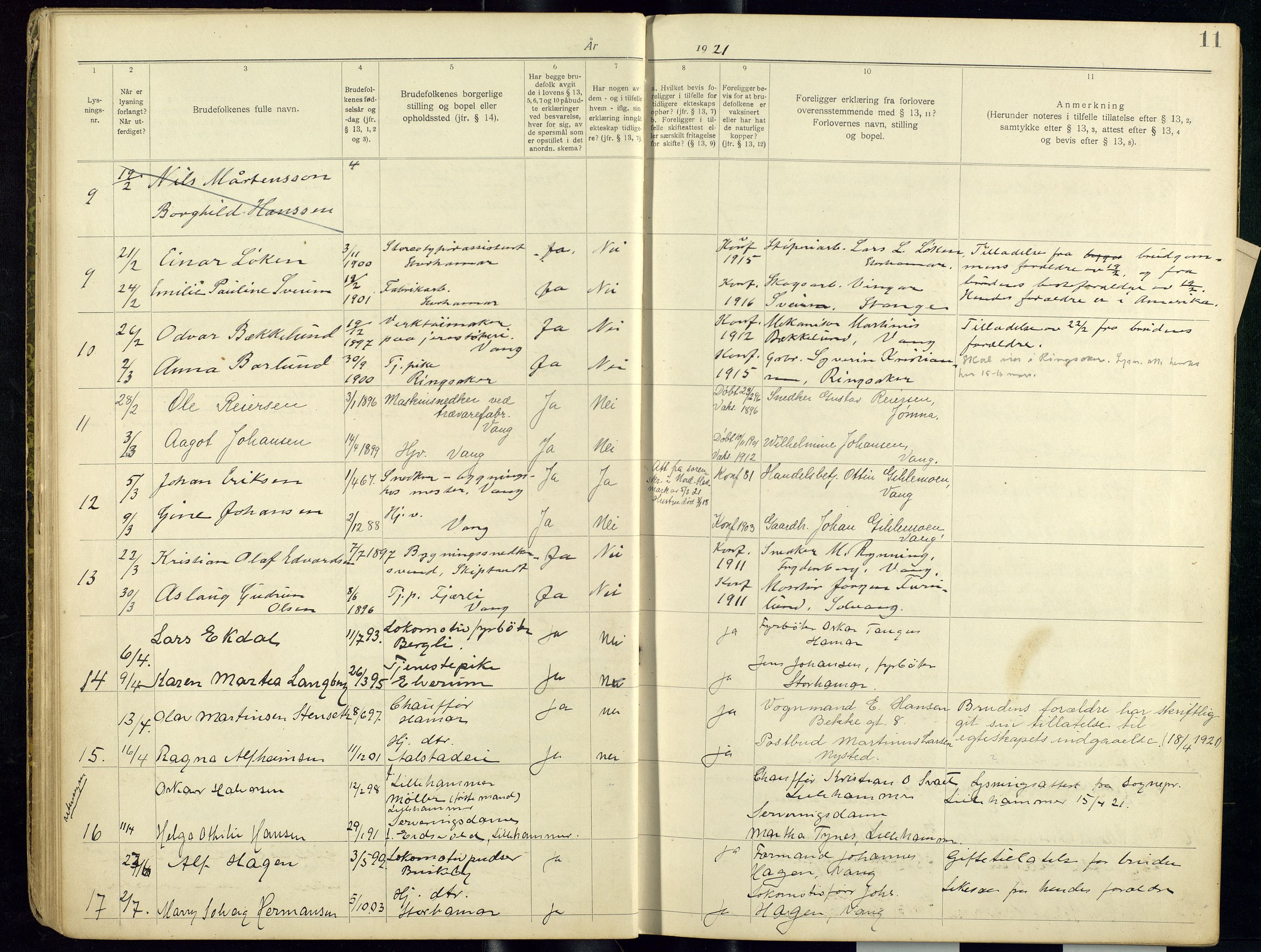 Vang prestekontor, Hedmark, AV/SAH-PREST-008/I/Ie/L0001/0001: Banns register no. 1, 1919-1938, p. 11