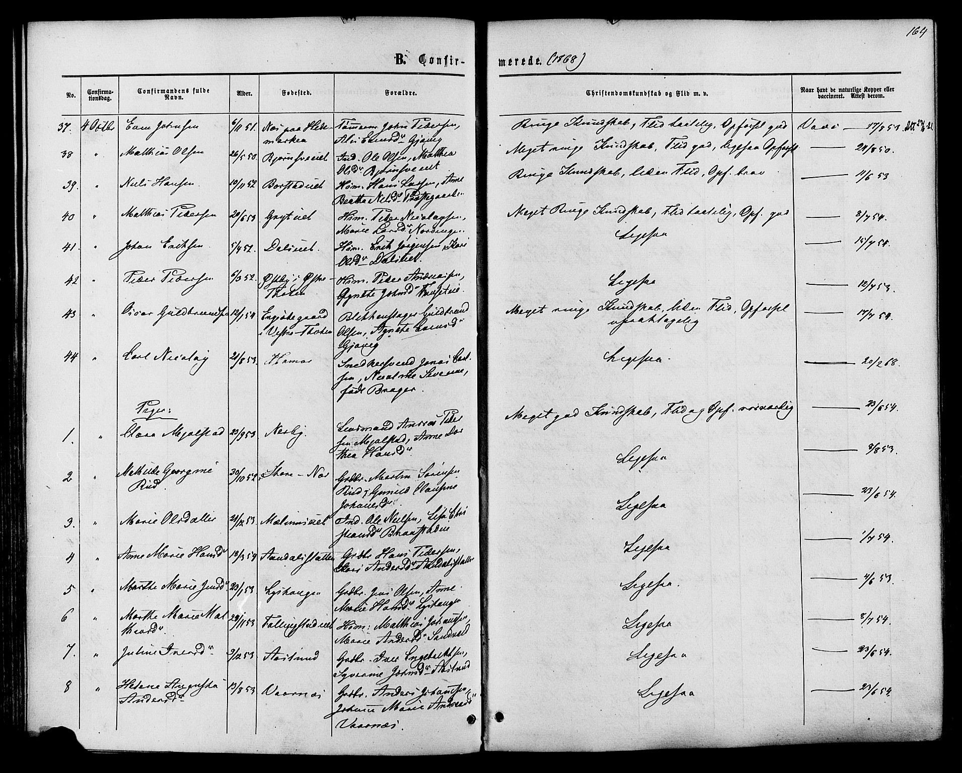 Vardal prestekontor, SAH/PREST-100/H/Ha/Haa/L0007: Parish register (official) no. 7, 1867-1878, p. 164