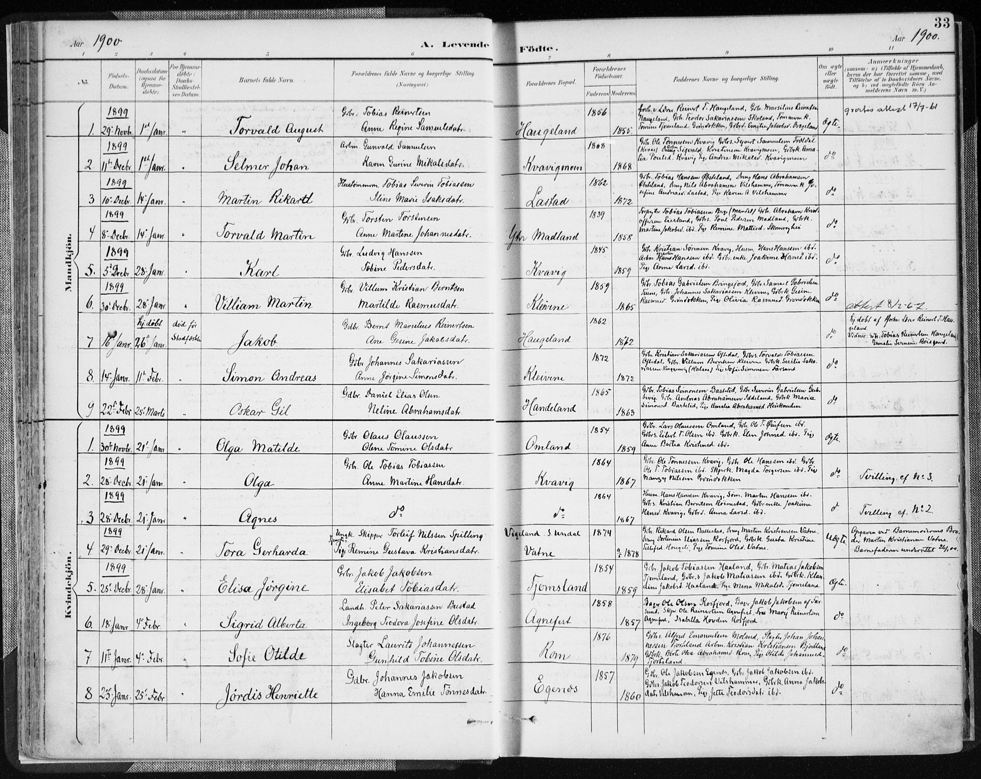 Lyngdal sokneprestkontor, SAK/1111-0029/F/Fa/Fac/L0012: Parish register (official) no. A 12, 1894-1918, p. 33