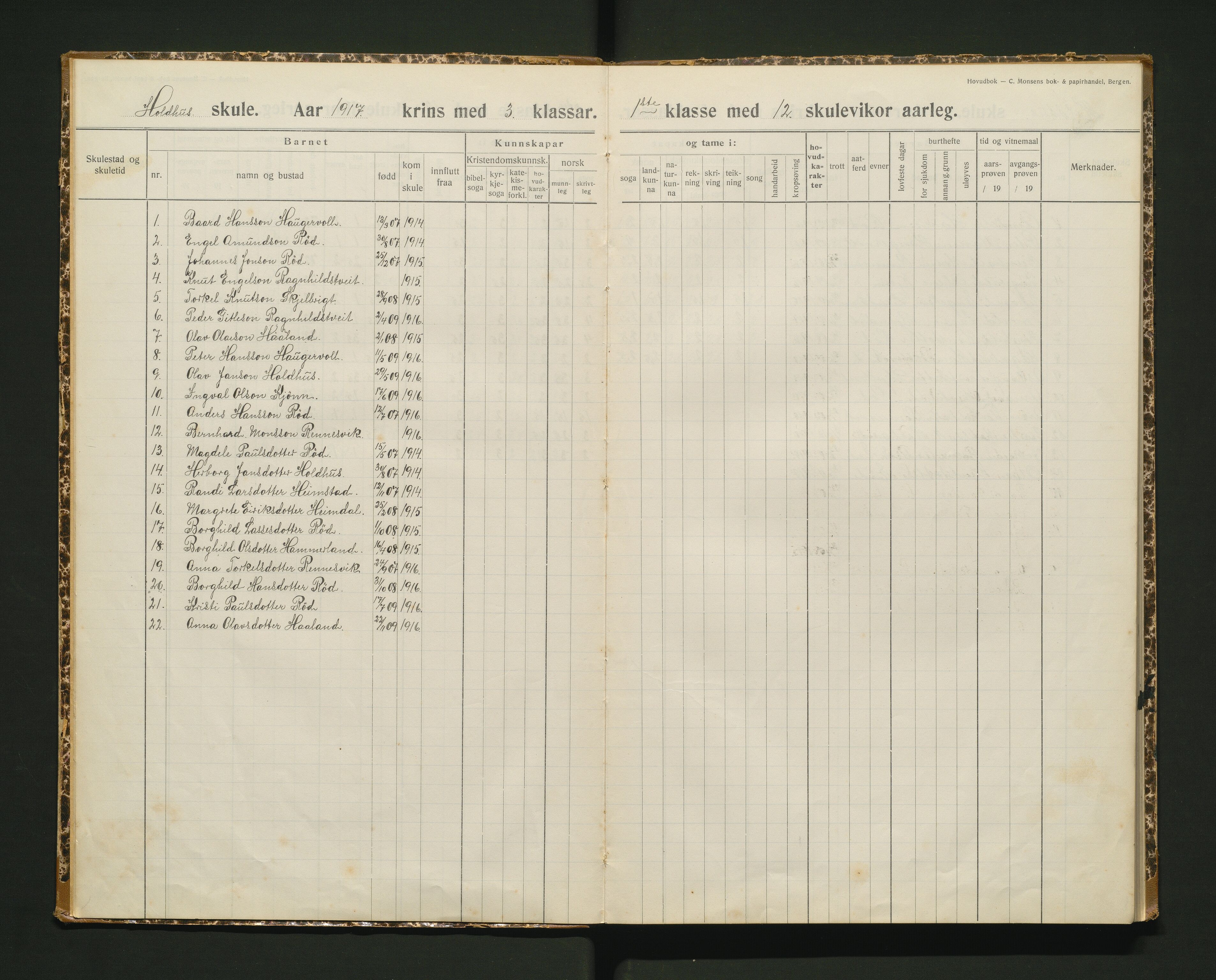 Hålandsdalen kommune. Barneskulane, IKAH/1239-231/F/Fa/L0008: Hovudbok for 1, 2. og 3. klasse ved Holdhus Gjøn og Hålandsdalen skular, 1917-1965