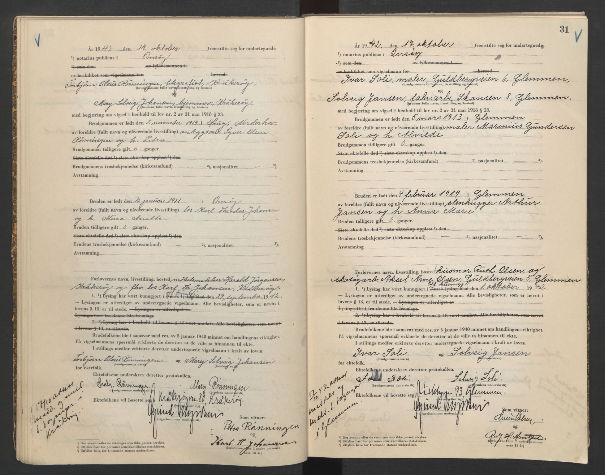 Onsøy sorenskriveri, AV/SAO-A-10474/L/La/L0002: Vigselsbok, 1942-1943, p. 31