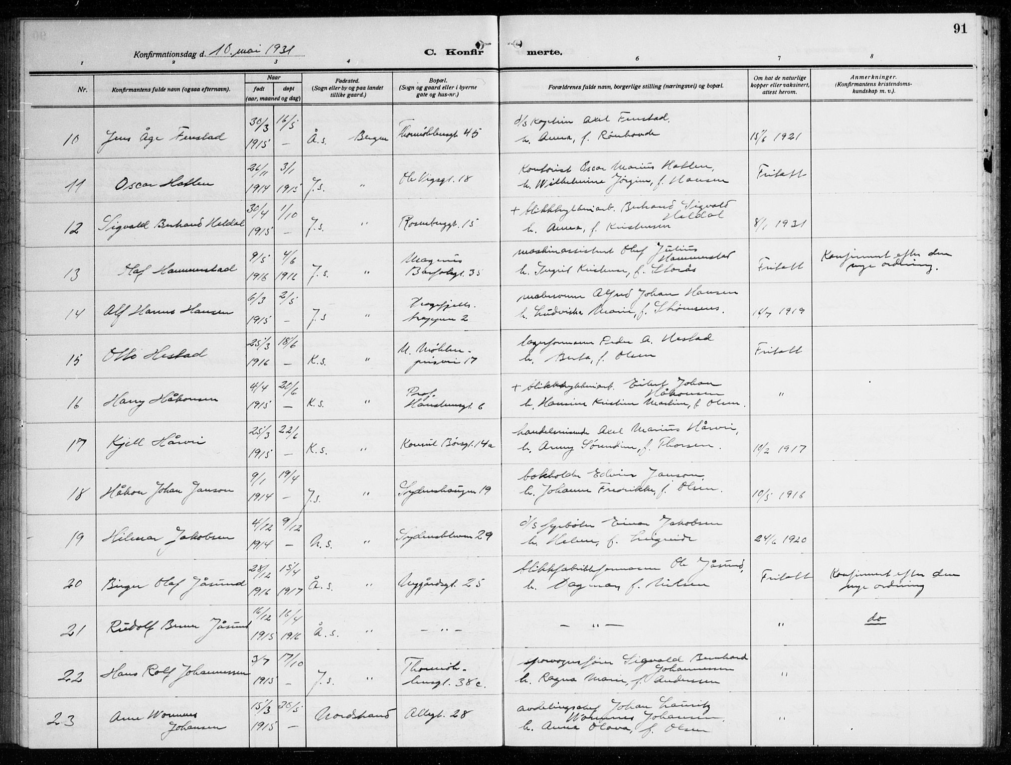 Johanneskirken sokneprestembete, AV/SAB-A-76001/H/Haa/L0010: Parish register (official) no. C 3, 1925-1935, p. 91